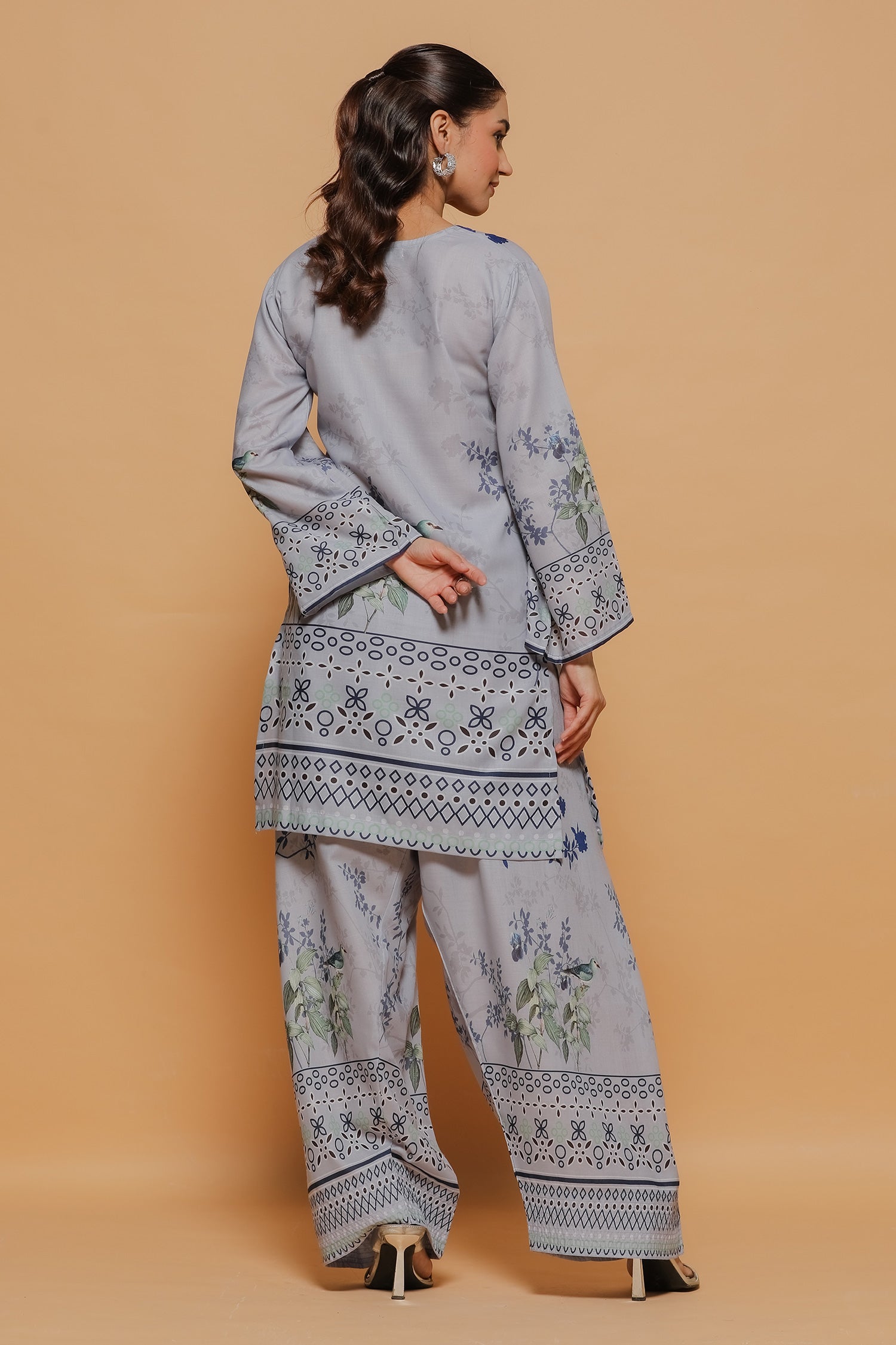 Grey Printed Lawn Cotton Kurta Set with Farsi Pants