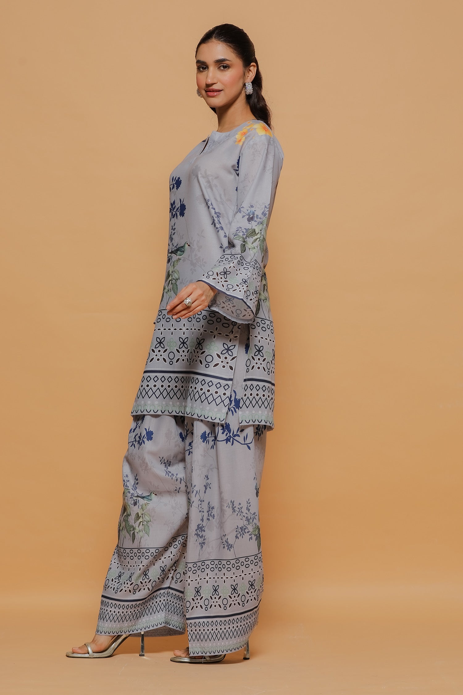Grey Printed Lawn Cotton Kurta Set with Farsi Pants
