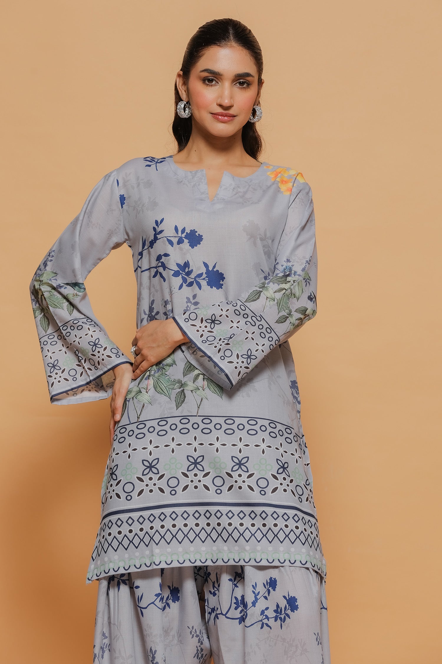 Grey Printed Lawn Cotton Kurta Set with Farsi Pants