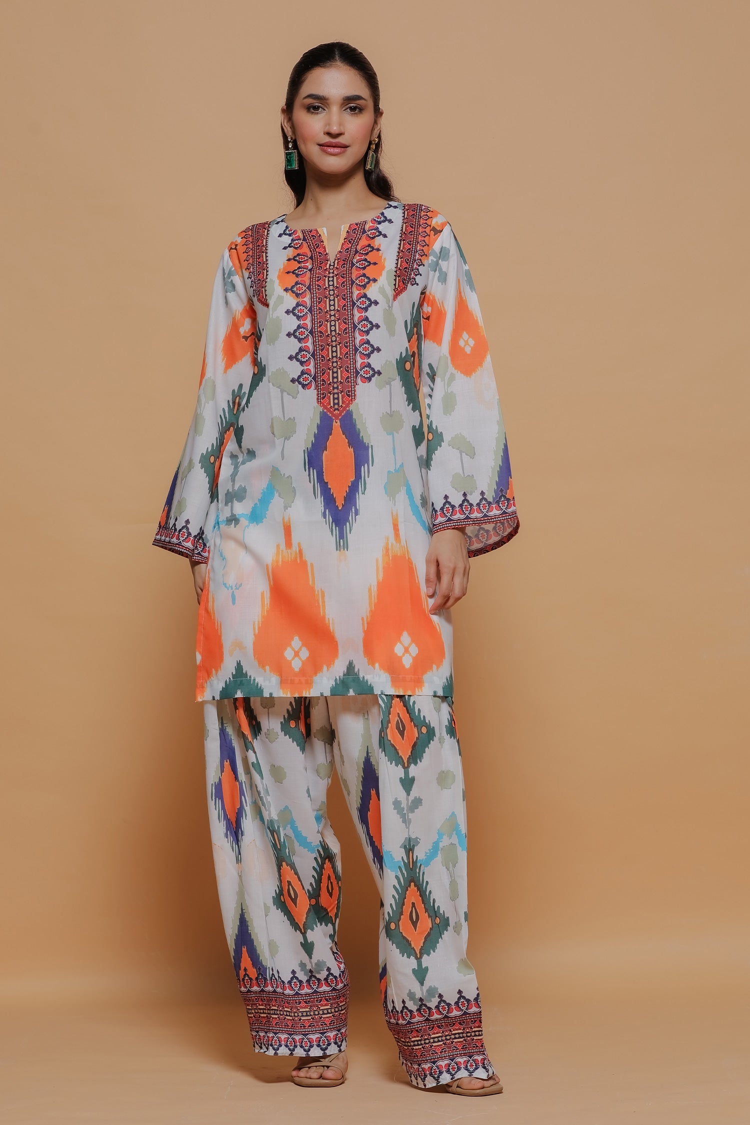 Grey Multicolour Ikat Printed Lawn Cotton Kurta Set with Farsi Pants