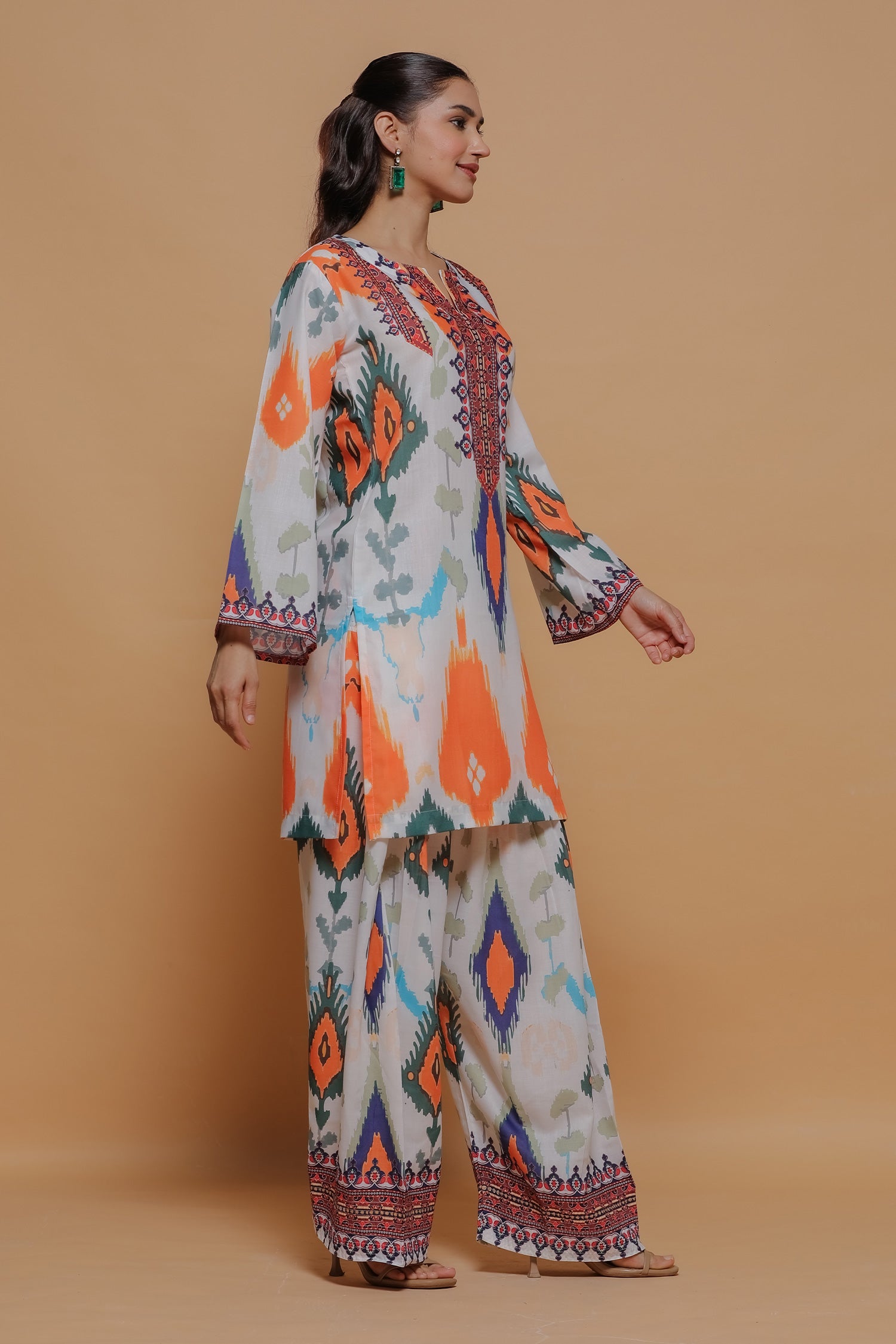 Grey Multicolour Ikat Printed Lawn Cotton Kurta Set with Farsi Pants