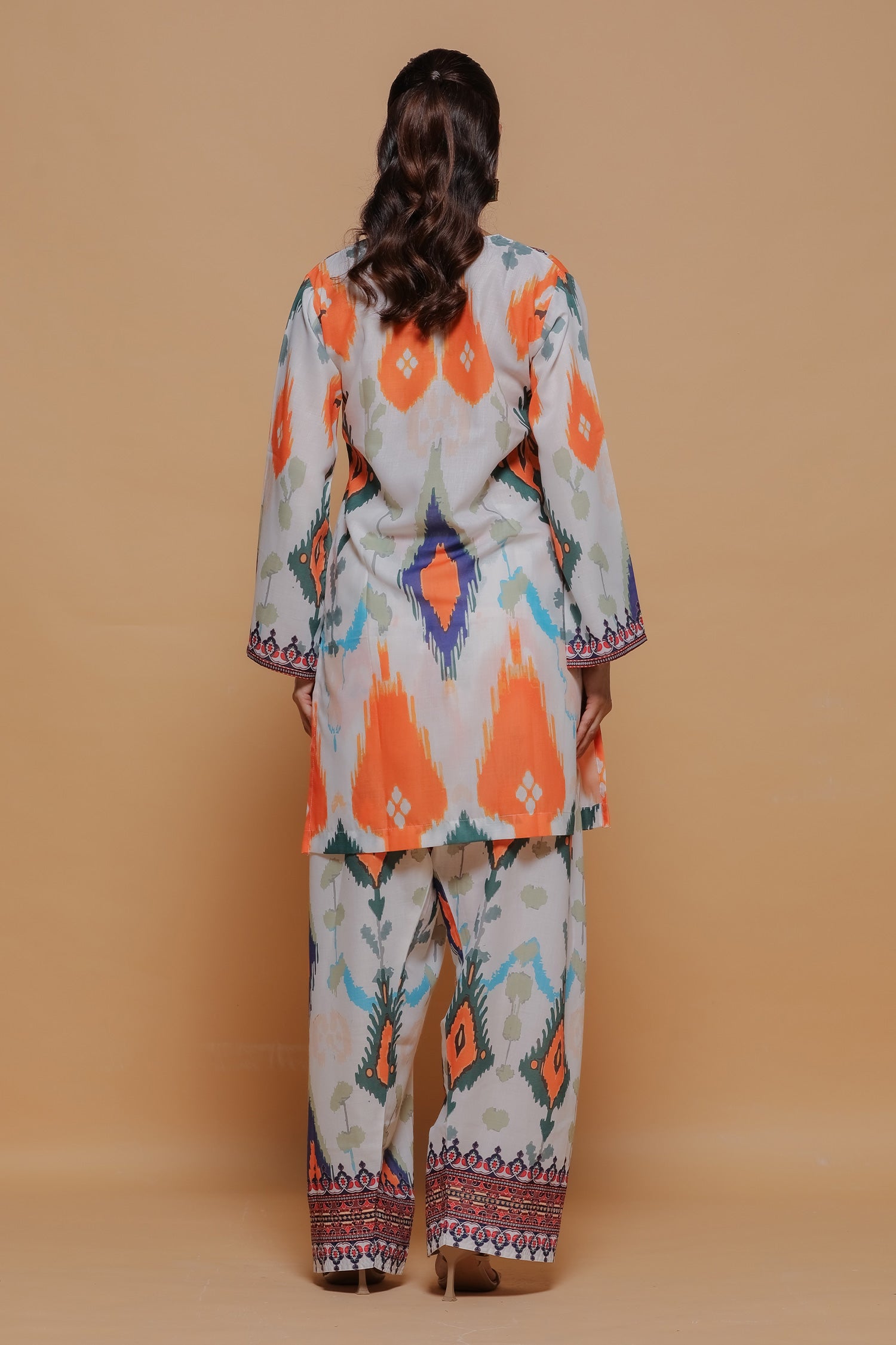 Grey Multicolour Ikat Printed Lawn Cotton Kurta Set with Farsi Pants