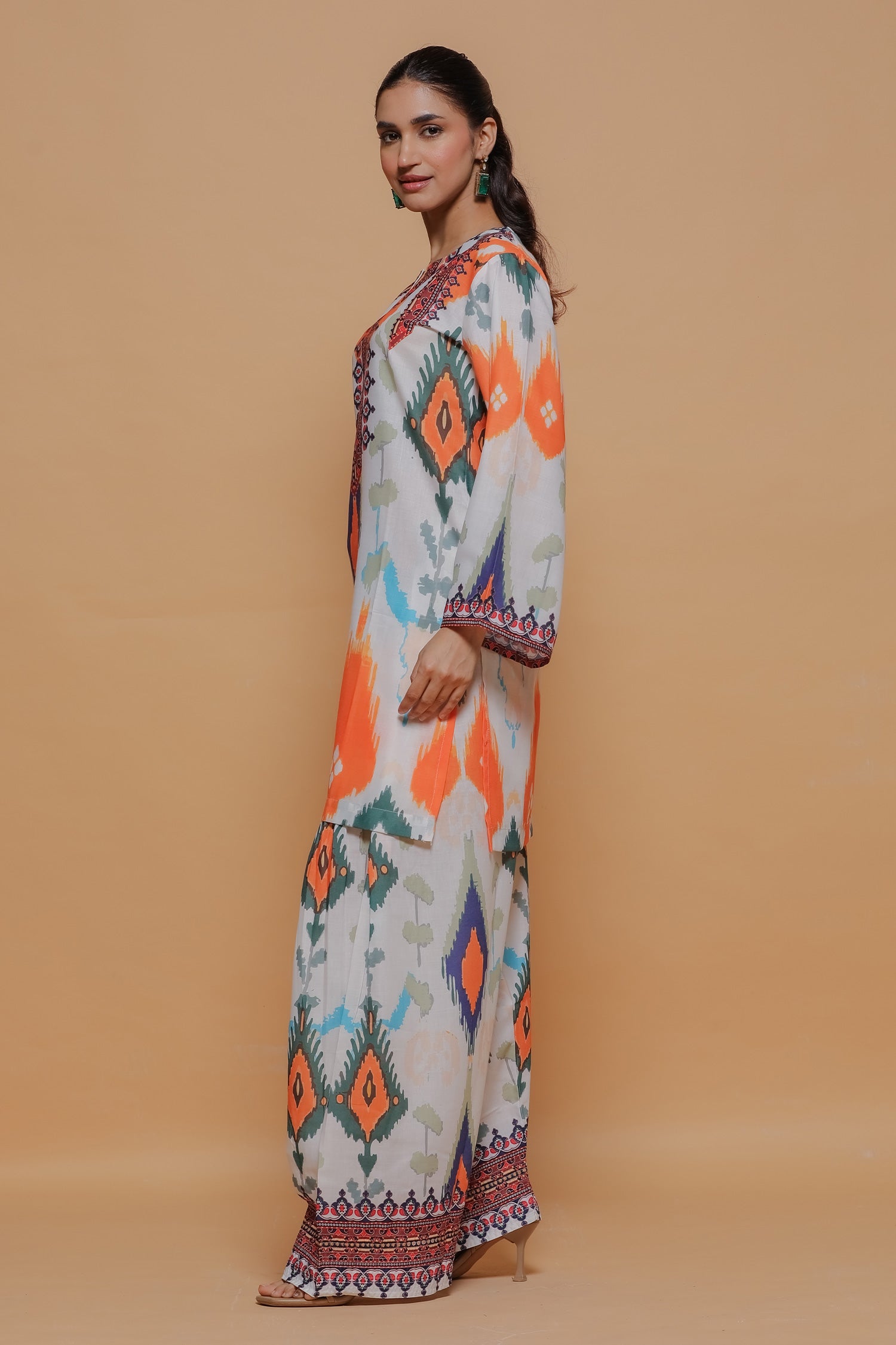 Grey Multicolour Ikat Printed Lawn Cotton Kurta Set with Farsi Pants