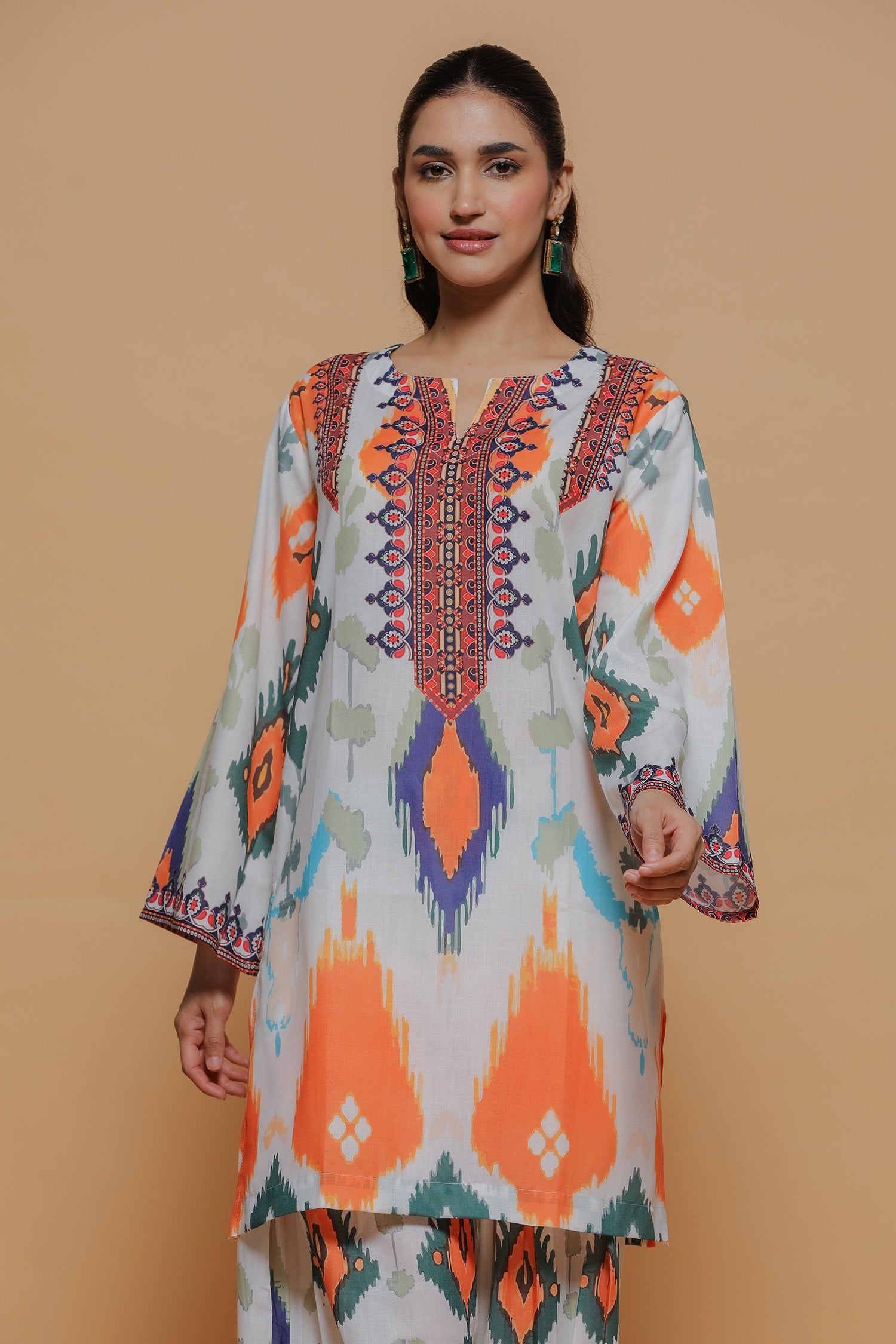 Grey Multicolour Ikat Printed Lawn Cotton Kurta Set with Farsi Pants