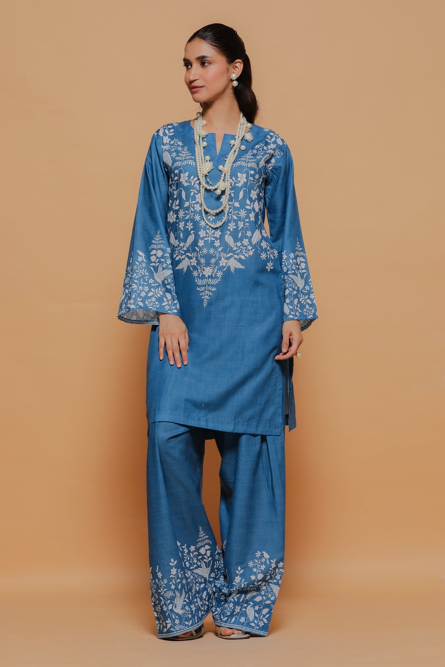 Indigo Blue Printed Lawn Cotton Kurta Set with Farsi Pants