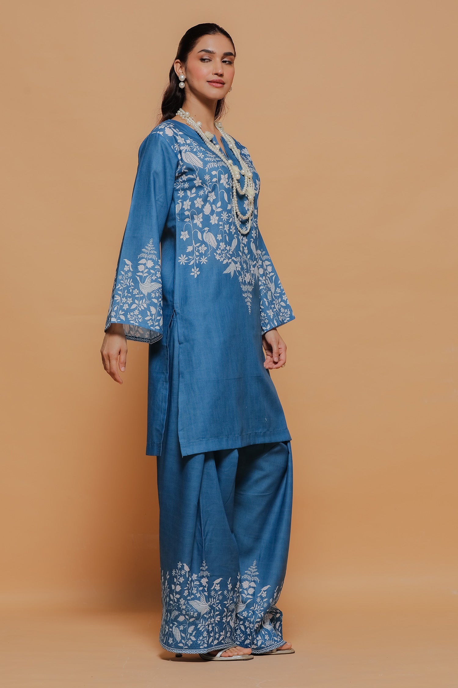 Indigo Blue Printed Lawn Cotton Kurta Set with Farsi Pants