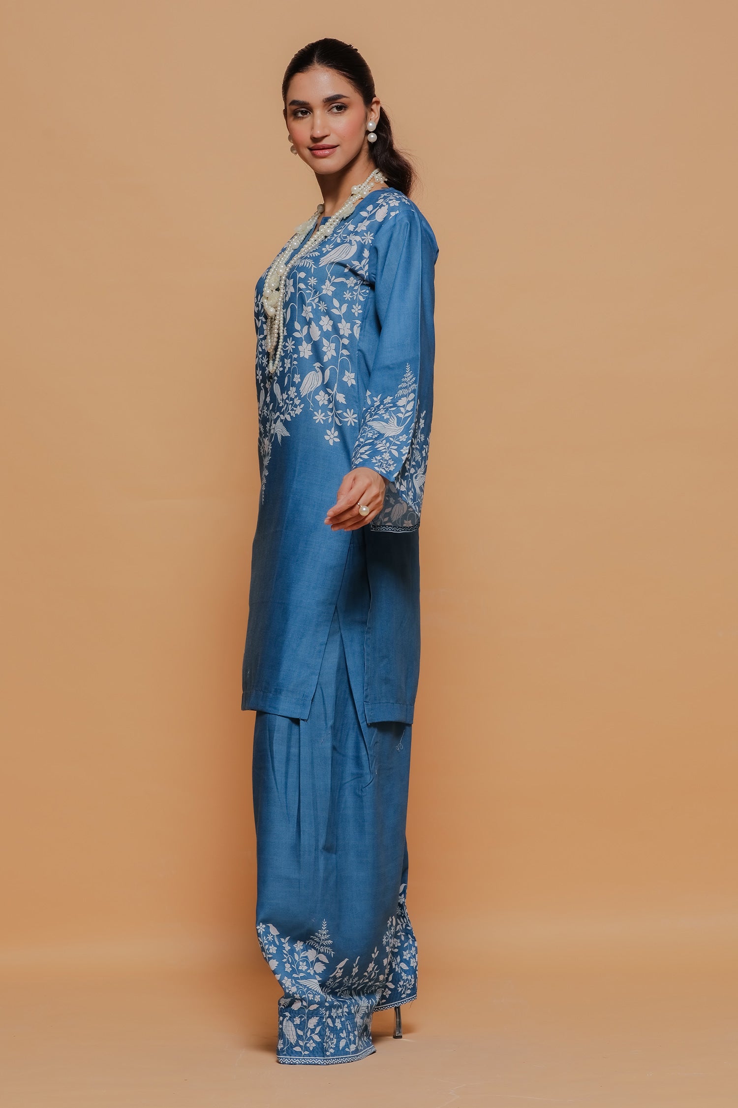 Indigo Blue Printed Lawn Cotton Kurta Set with Farsi Pants