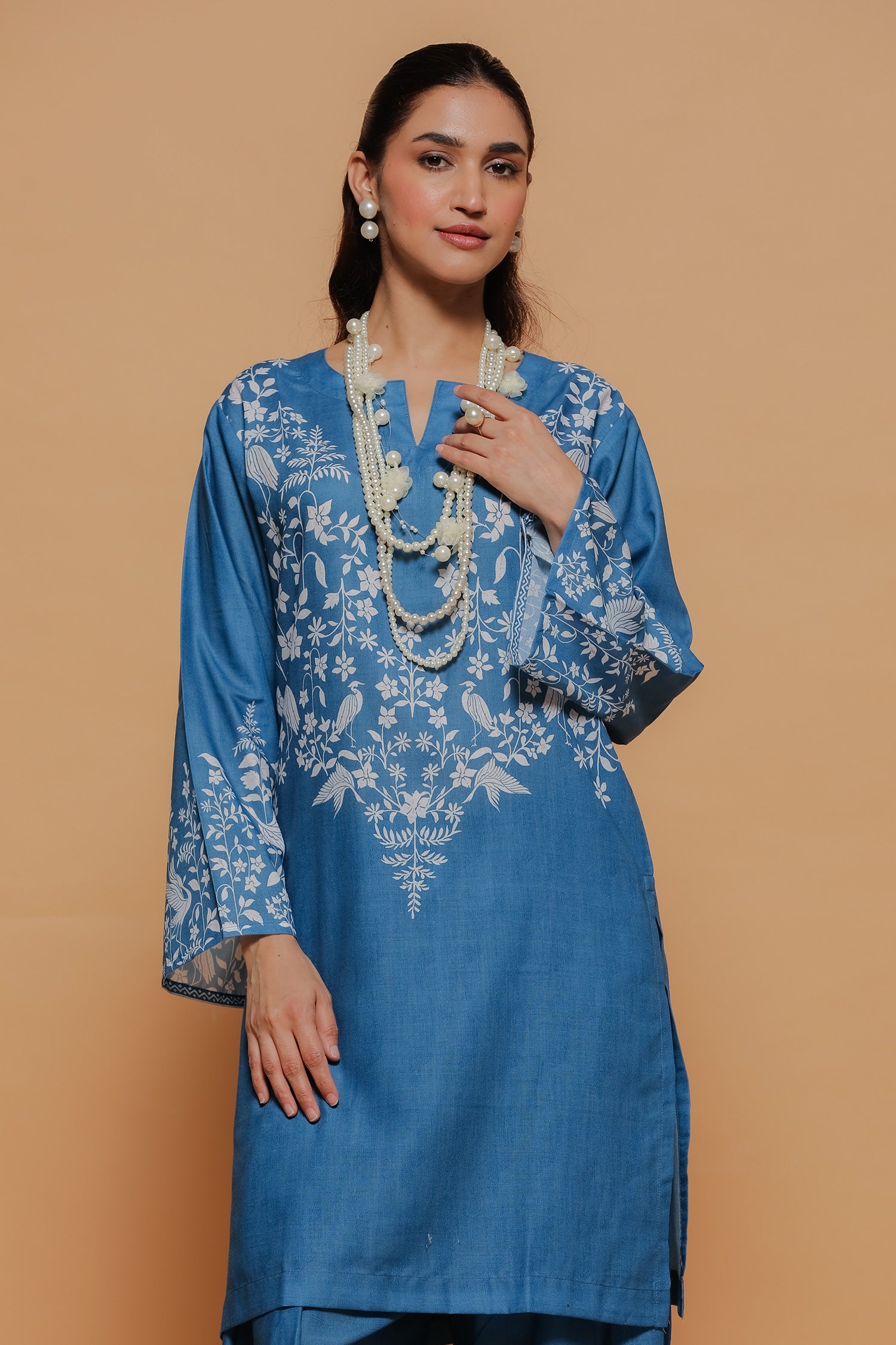Indigo Blue Printed Lawn Cotton Kurta Set with Farsi Pants