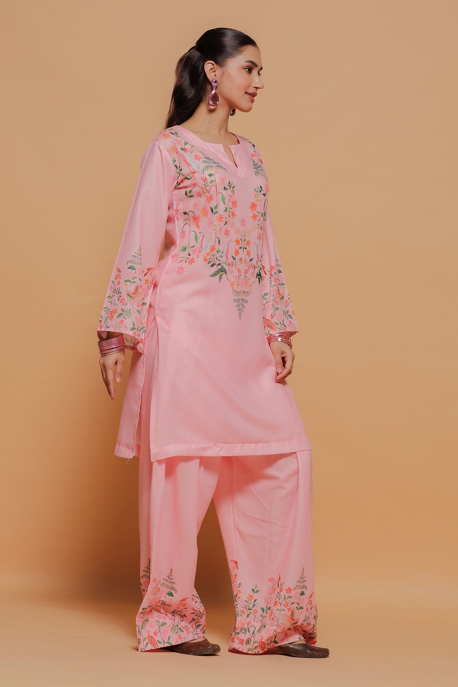 Blush Pink Printed Lawn Cotton Kurta Set with Farsi Pants