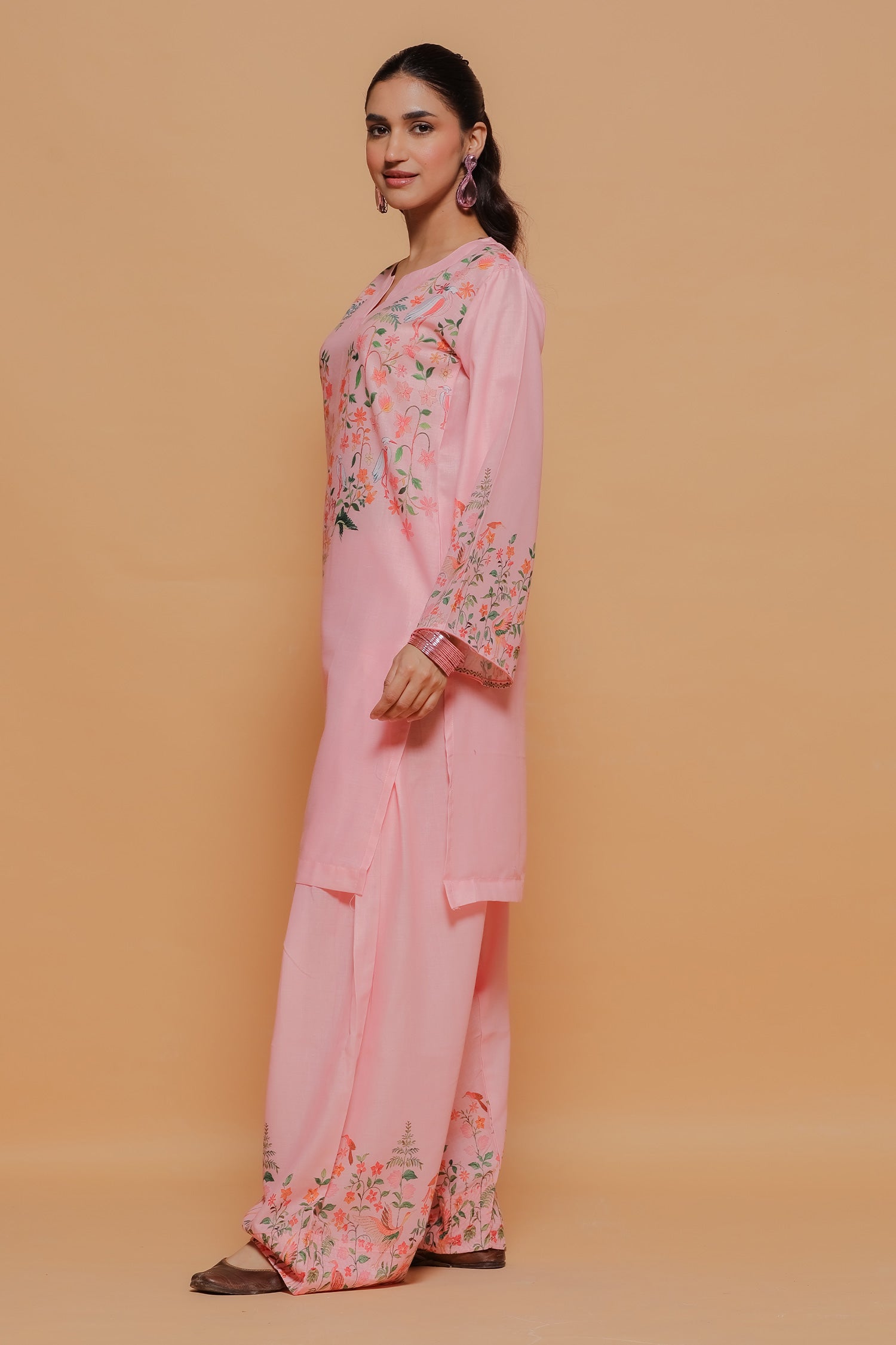 Blush Pink Printed Lawn Cotton Kurta Set with Farsi Pants