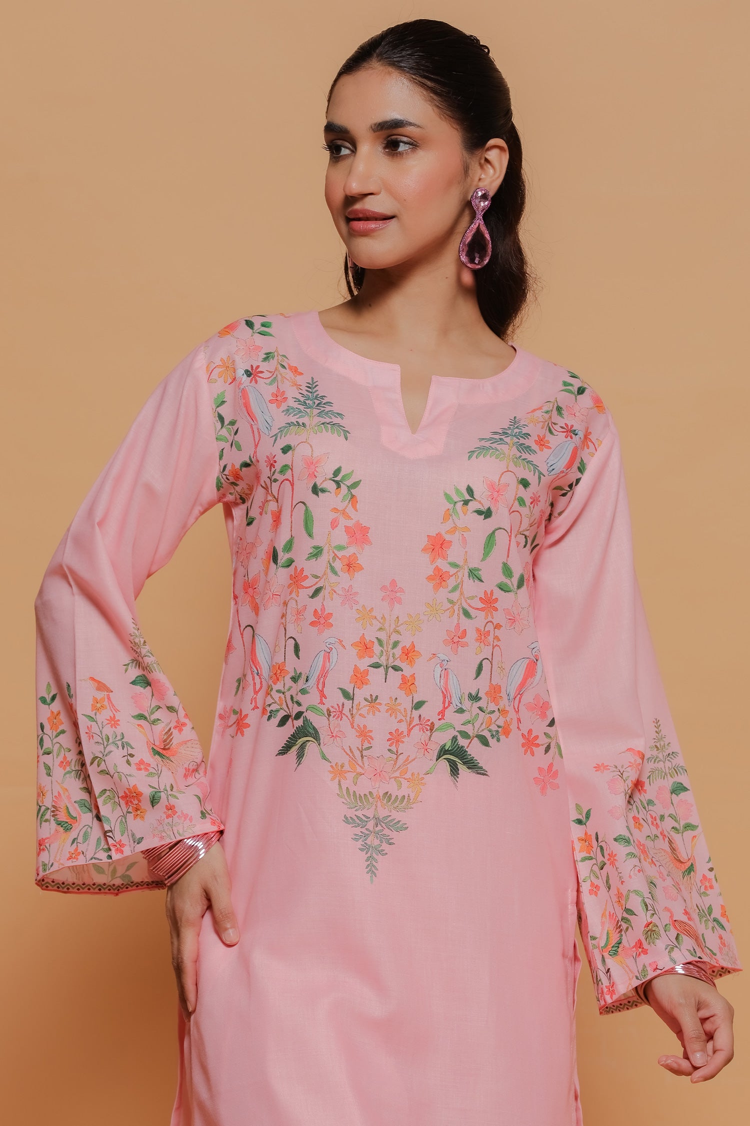 Blush Pink Printed Lawn Cotton Kurta Set with Farsi Pants