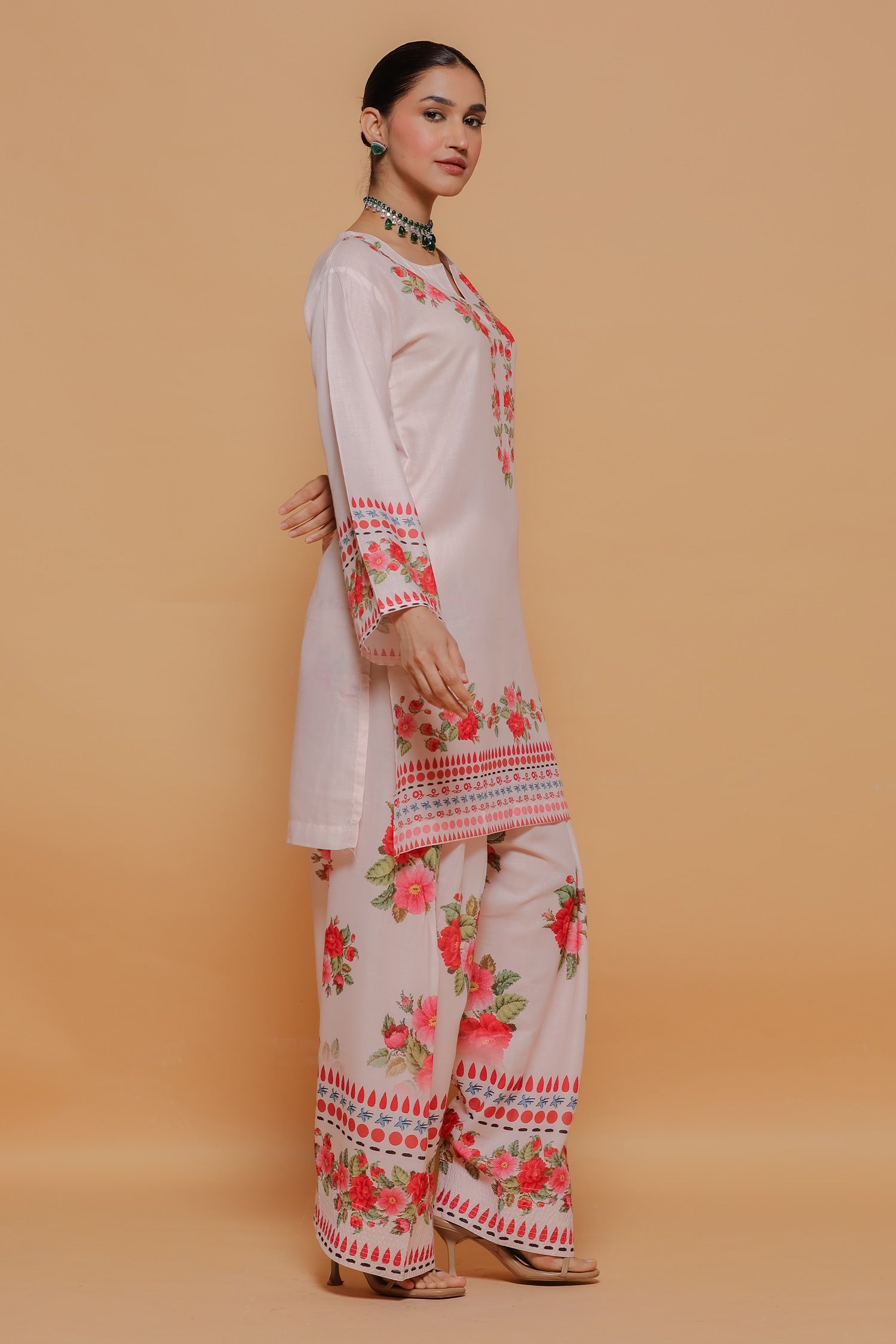 Blush Pink Floral Printed Lawn Cotton Kurta Set with Farsi Pants
