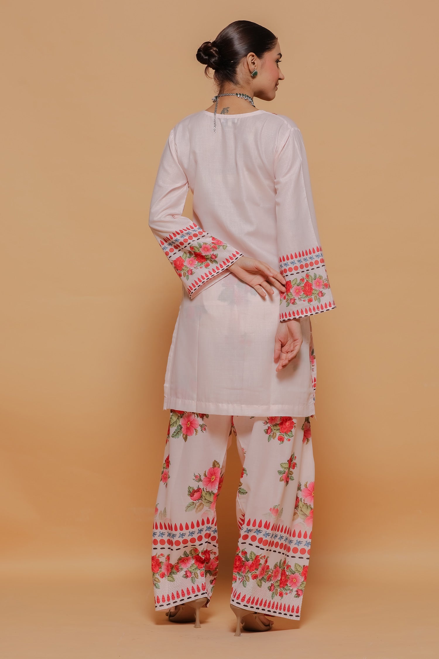 Blush Pink Floral Printed Lawn Cotton Kurta Set with Farsi Pants