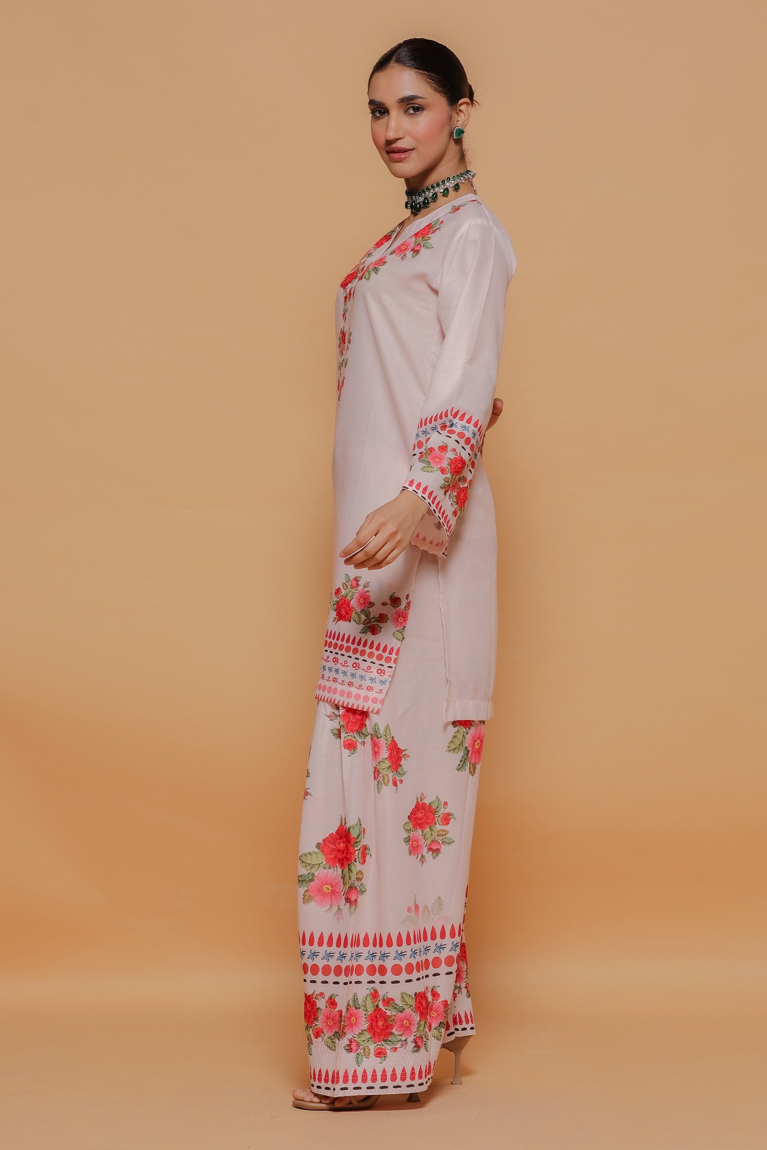 Blush Pink Floral Printed Lawn Cotton Kurta Set with Farsi Pants