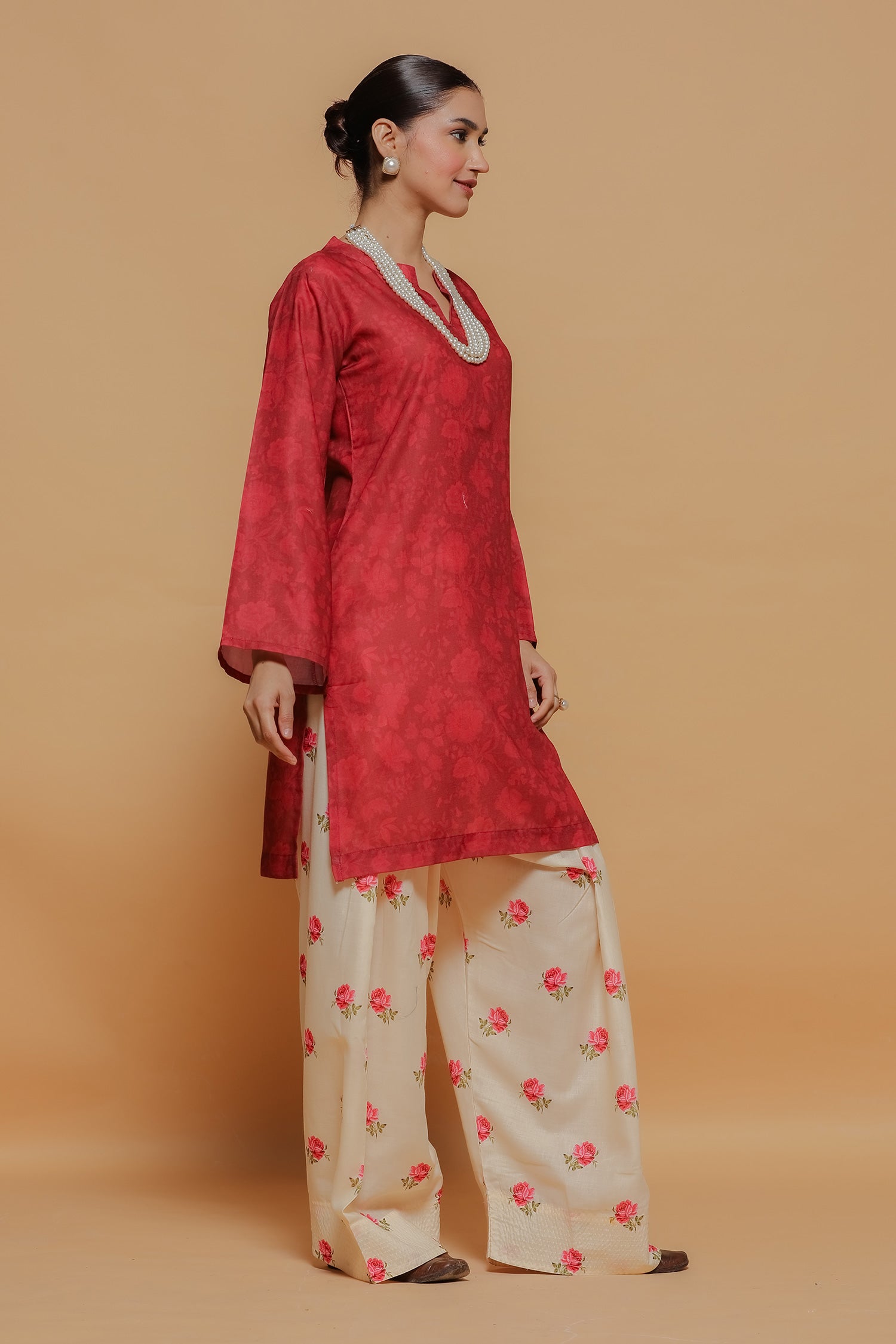 Red Printed Lawn Cotton Kurta Set with Farsi Pants