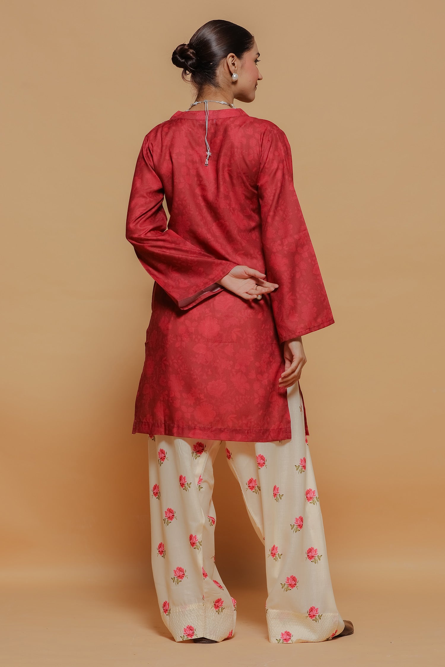 Red Printed Lawn Cotton Kurta Set with Farsi Pants