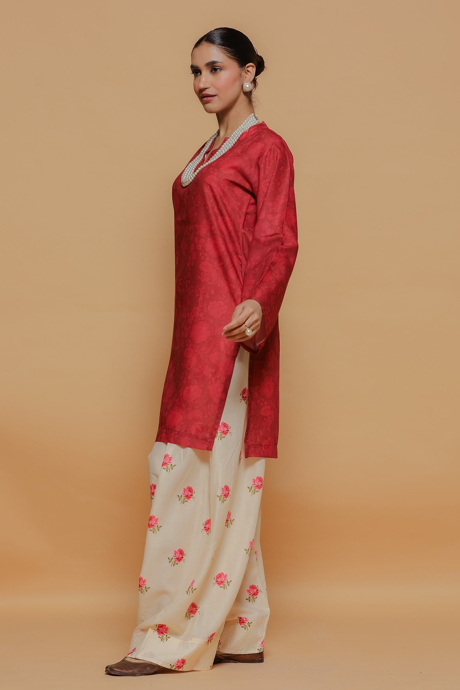Red Printed Lawn Cotton Kurta Set with Farsi Pants