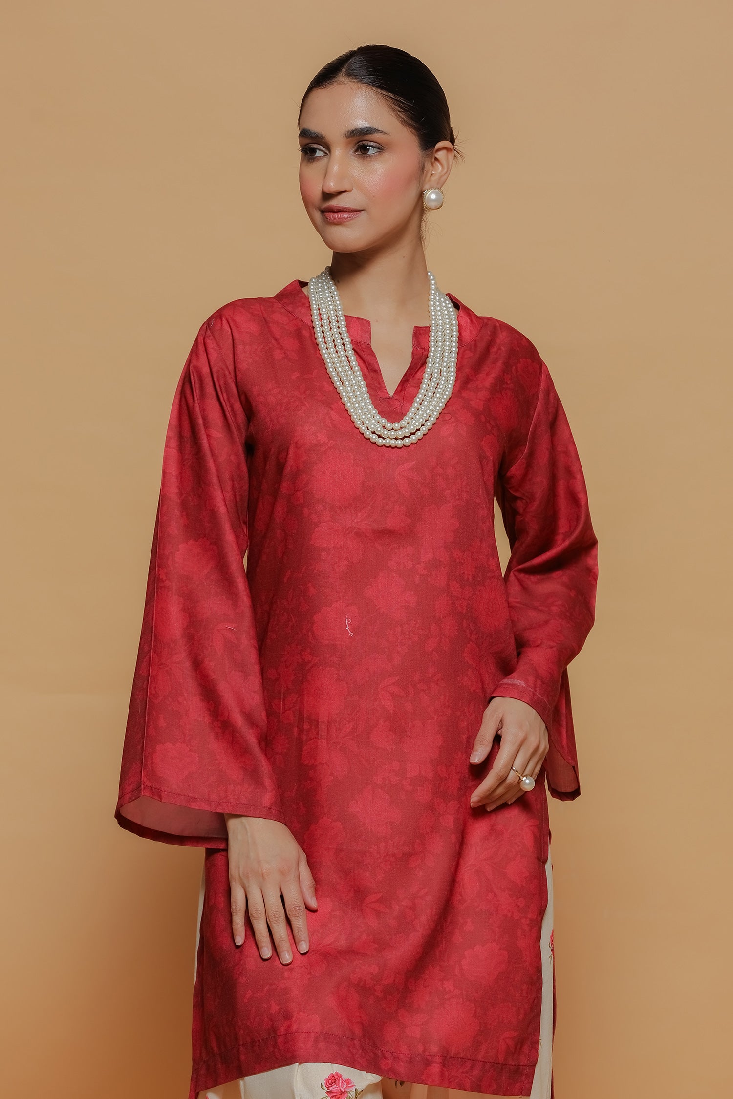 Red Printed Lawn Cotton Kurta Set with Farsi Pants