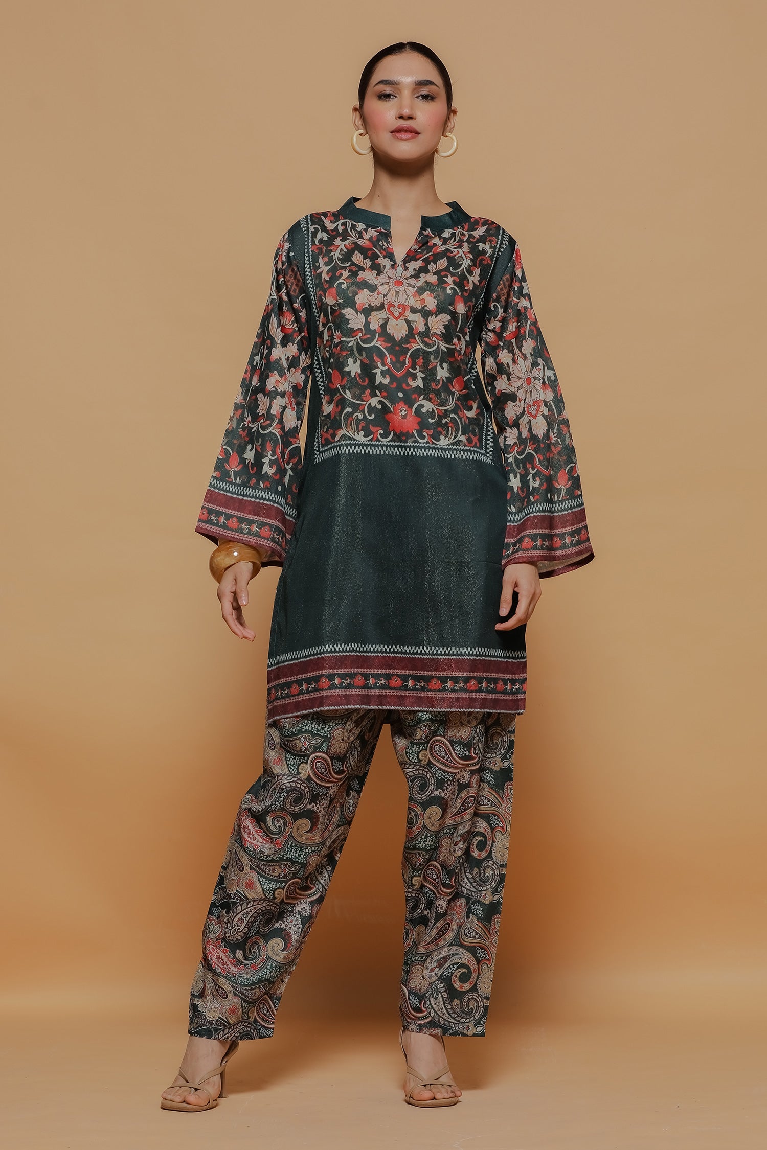 Emerald Green Printed Shimmer Lawn Cotton Kurta Set with Straight Pants
