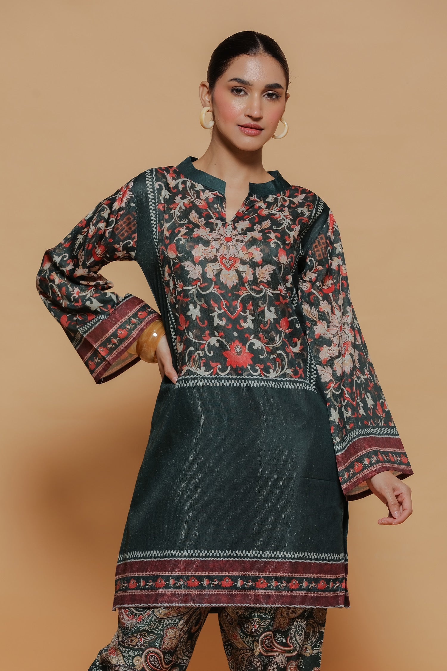 Emerald Green Printed Shimmer Lawn Cotton Kurta Set with Straight Pants