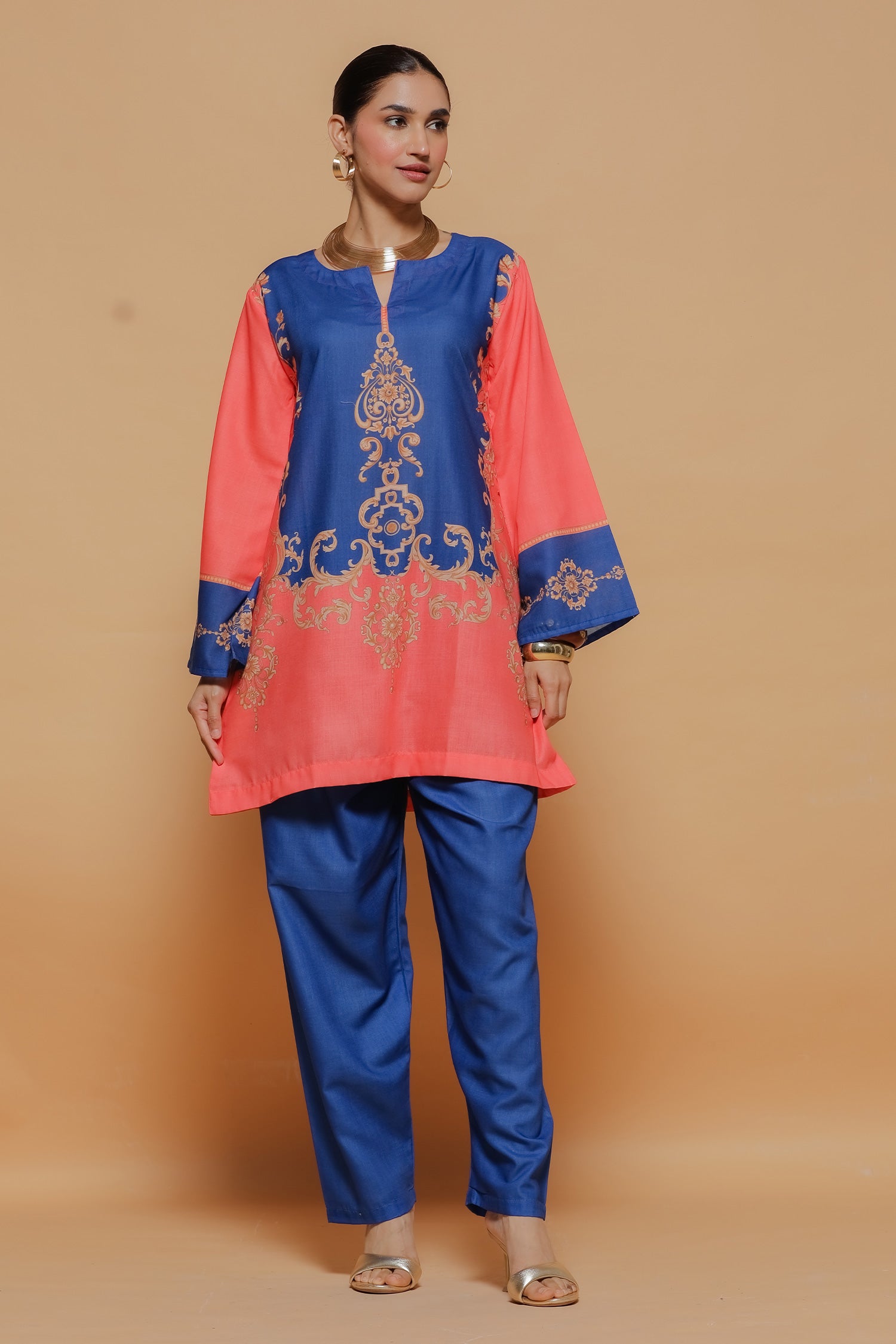 Coral & Royal Blue Printed Lawn Cotton Kurta Set with Straight Pants