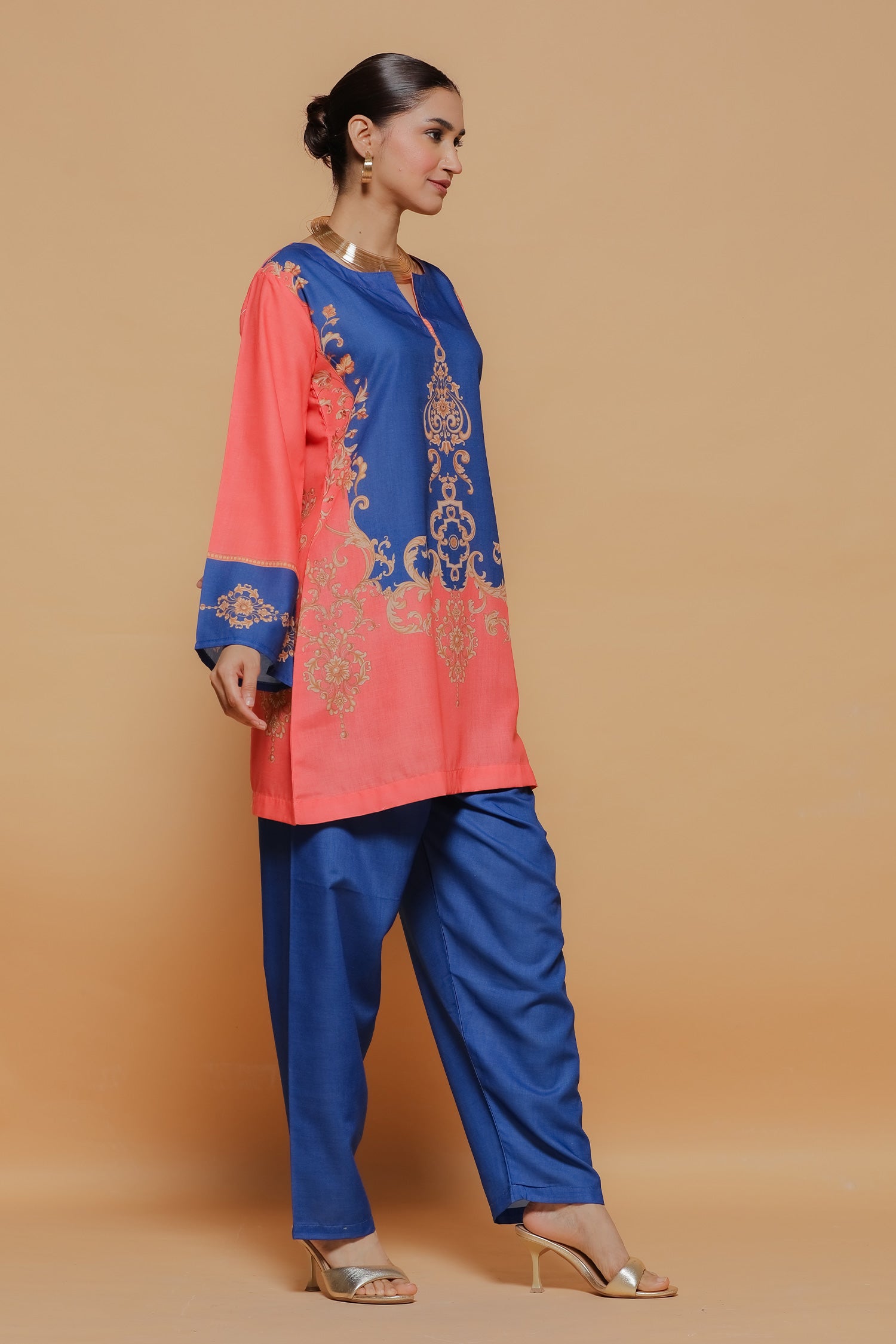Coral & Royal Blue Printed Lawn Cotton Kurta Set with Straight Pants