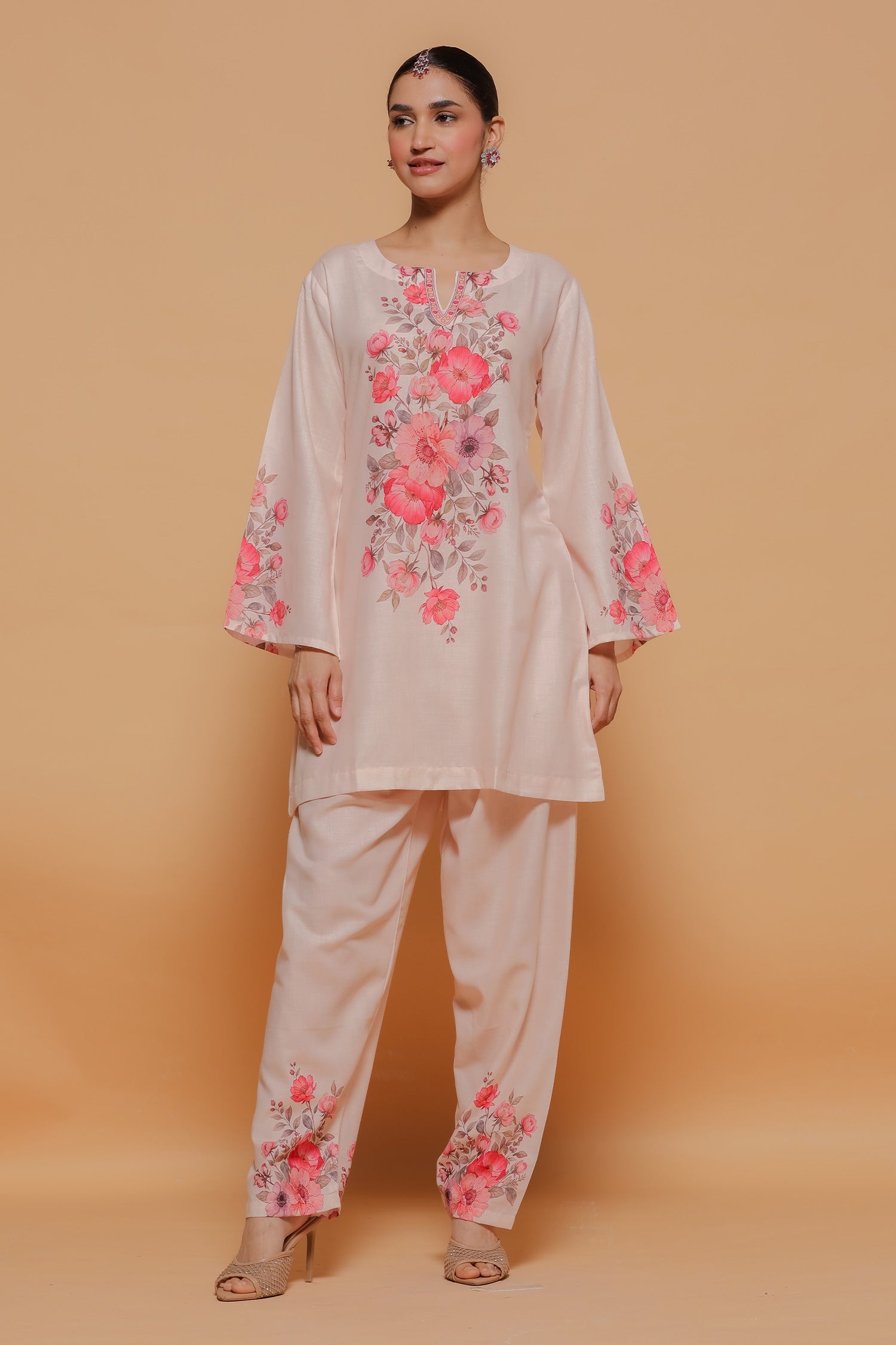 Blush Beige Floral Printed Lawn Cotton Kurta Set with Straight Pants
