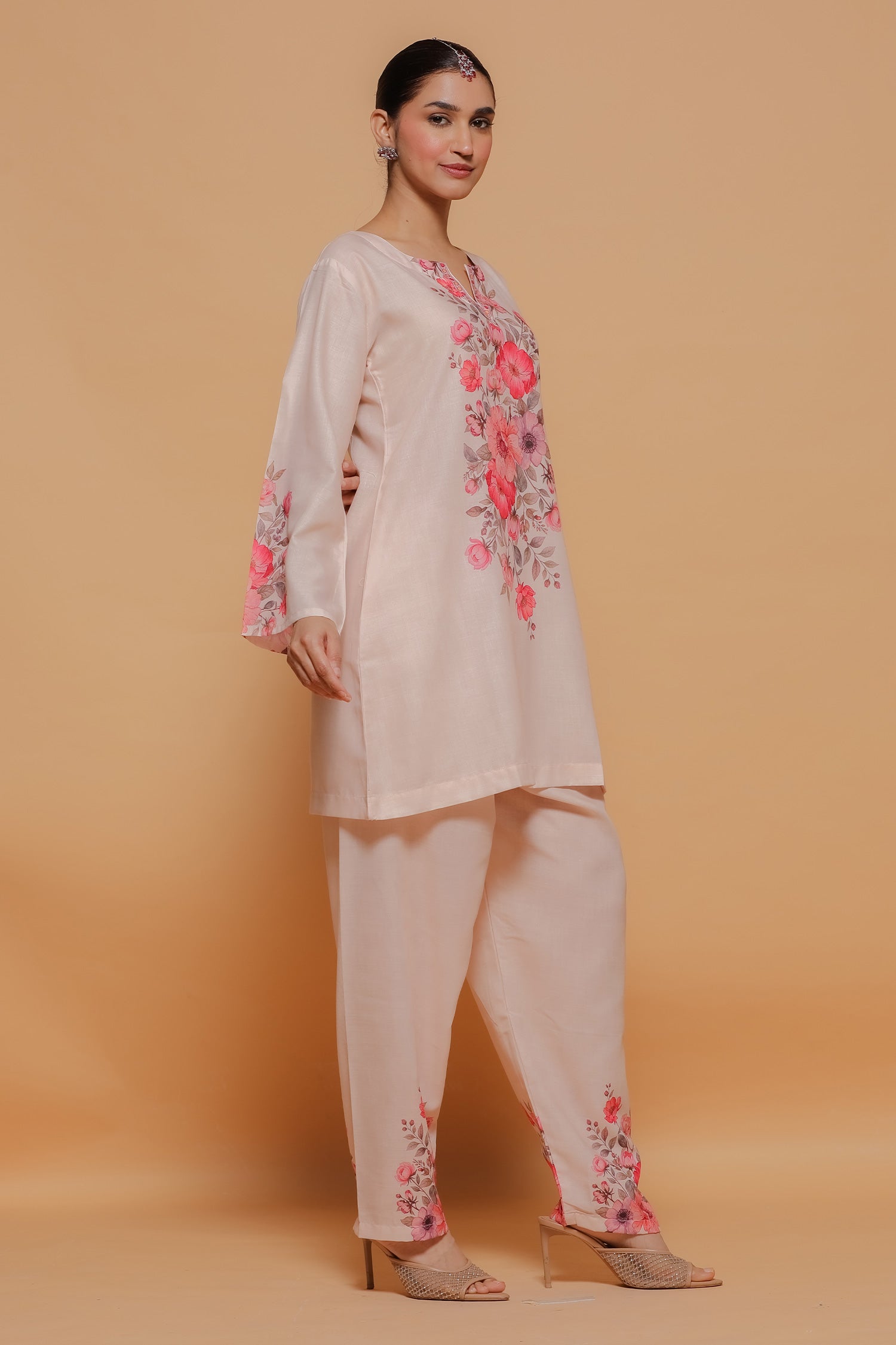 Blush Beige Floral Printed Lawn Cotton Kurta Set with Straight Pants