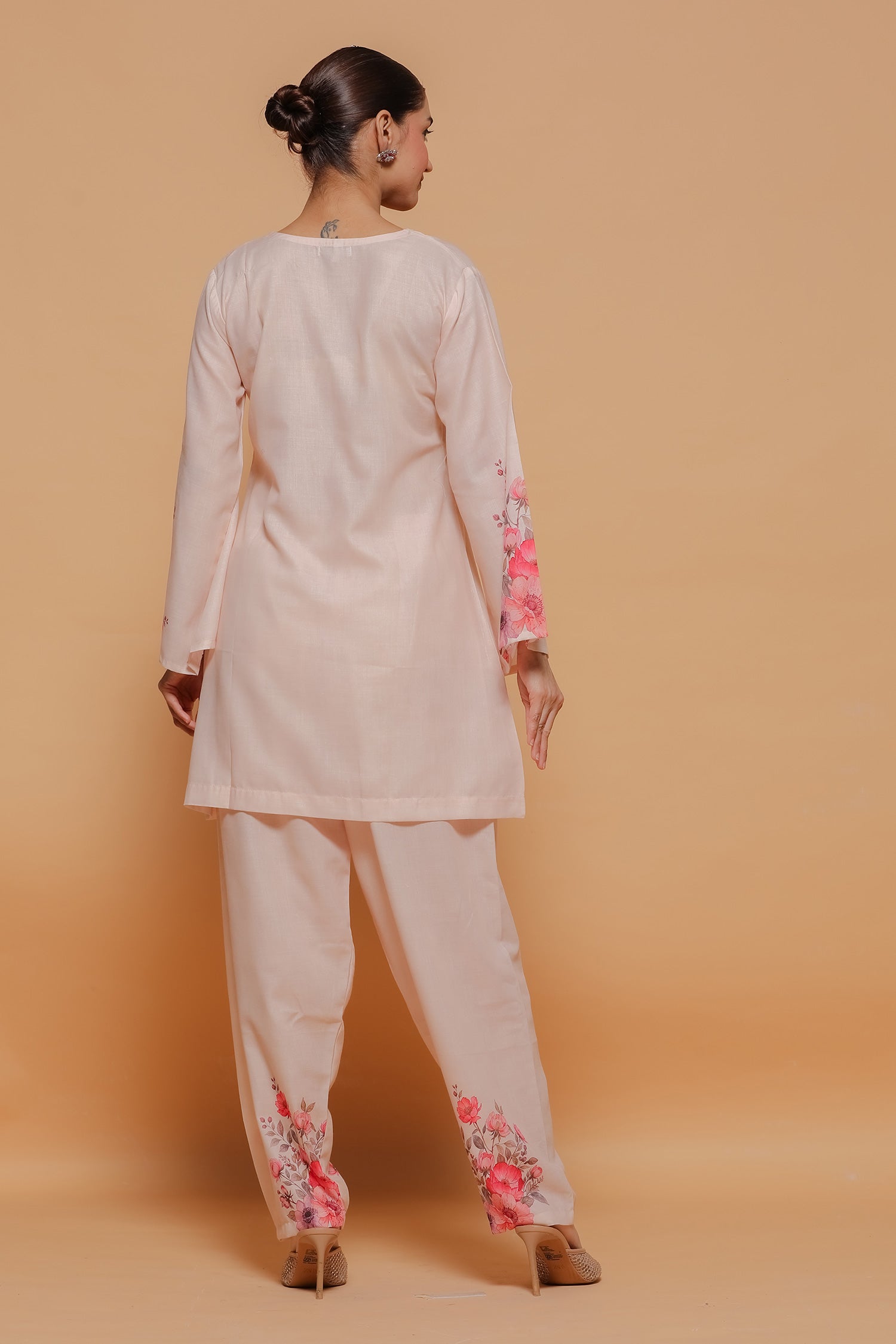 Blush Beige Floral Printed Lawn Cotton Kurta Set with Straight Pants