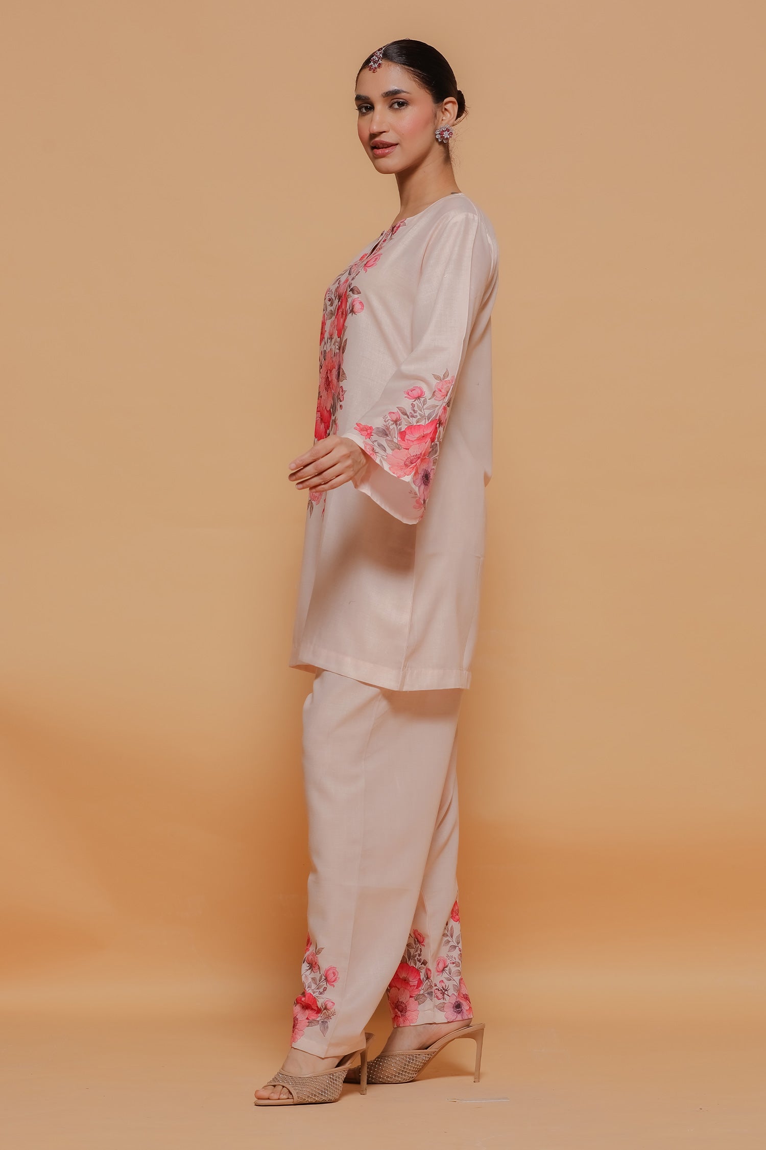 Blush Beige Floral Printed Lawn Cotton Kurta Set with Straight Pants