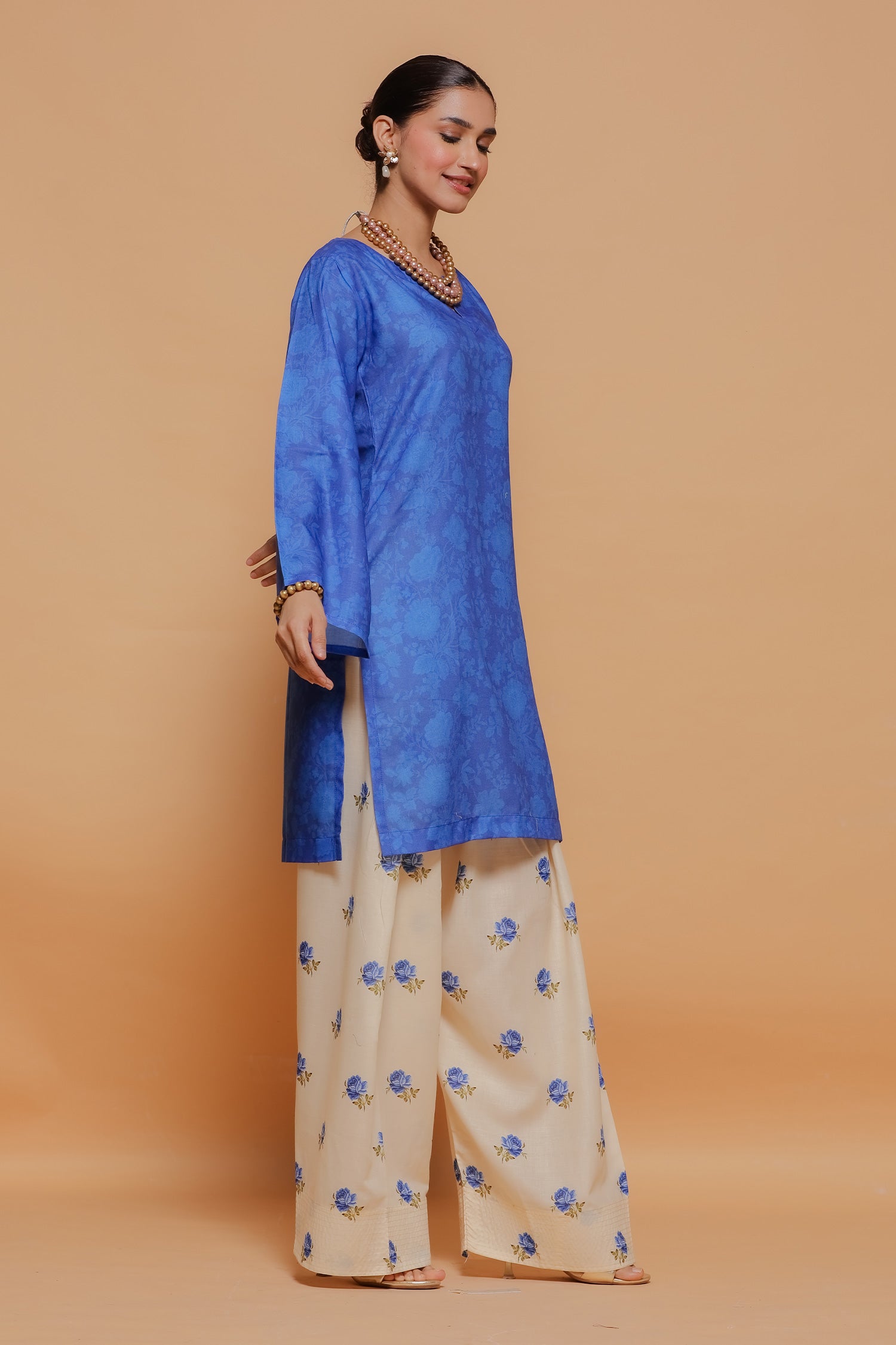 Blue Printed Lawn Cotton Kurta Set with Farsi Pants