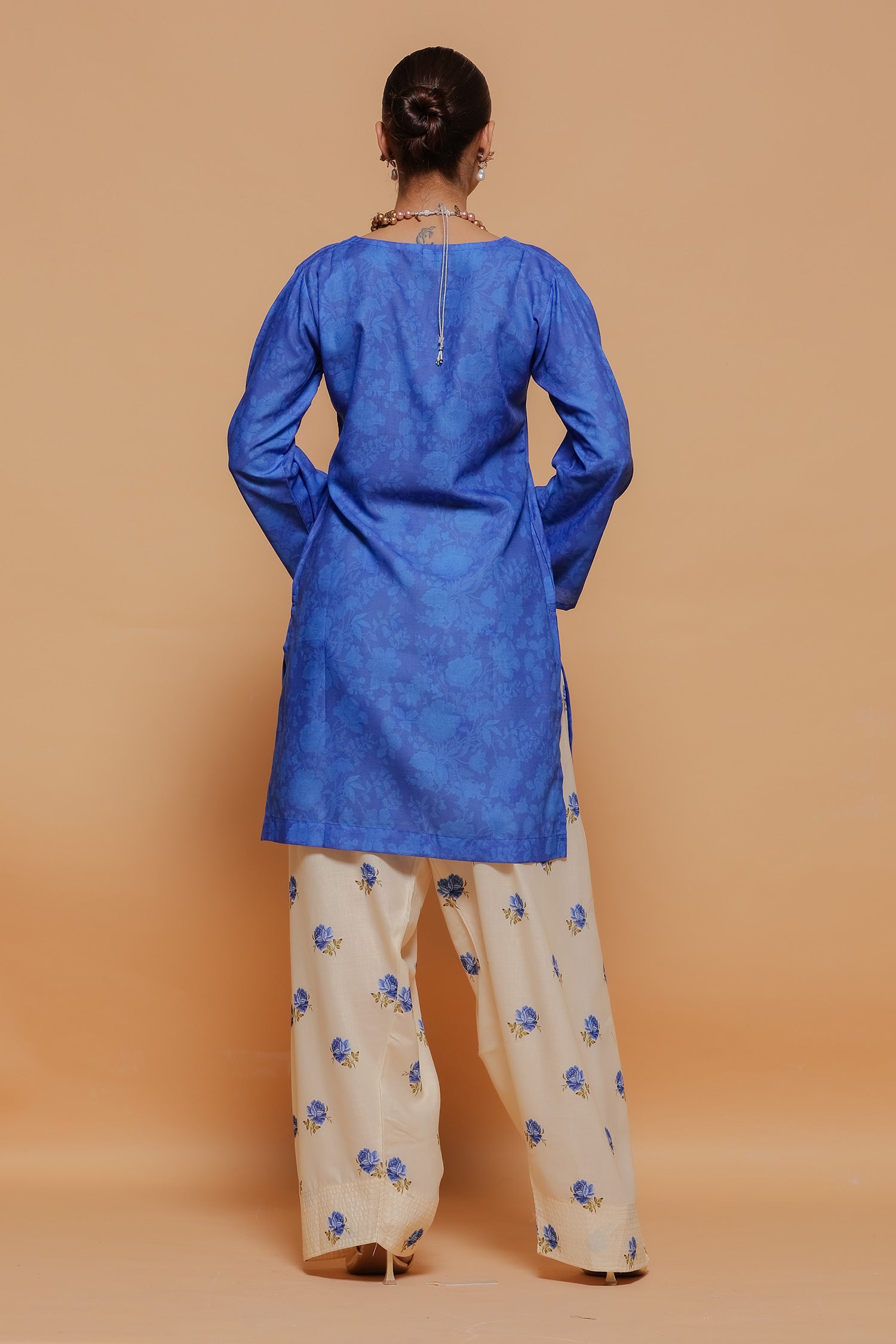Blue Printed Lawn Cotton Kurta Set with Farsi Pants