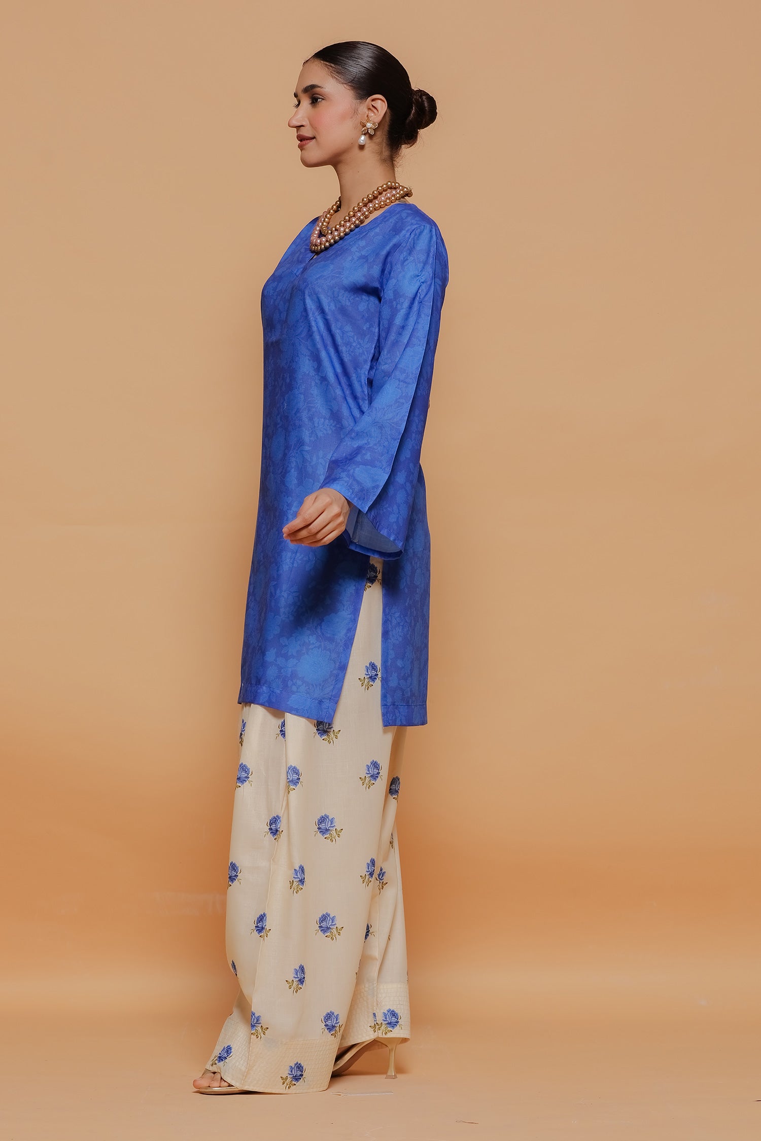 Blue Printed Lawn Cotton Kurta Set with Farsi Pants