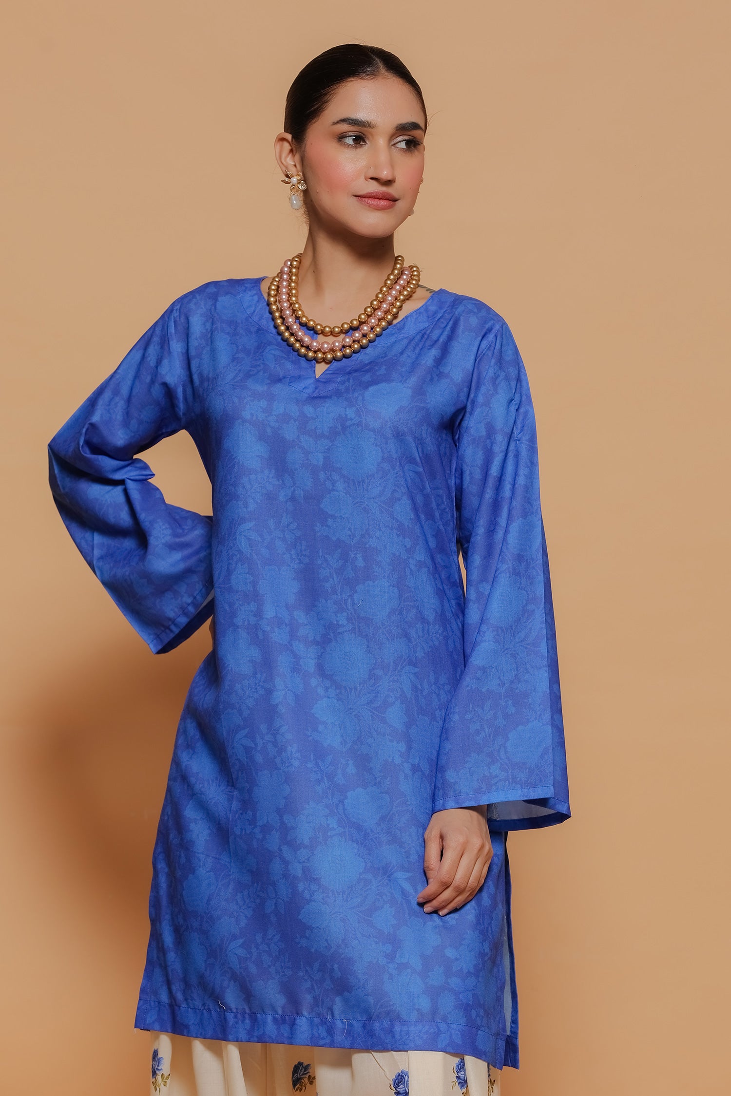 Blue Printed Lawn Cotton Kurta Set with Farsi Pants