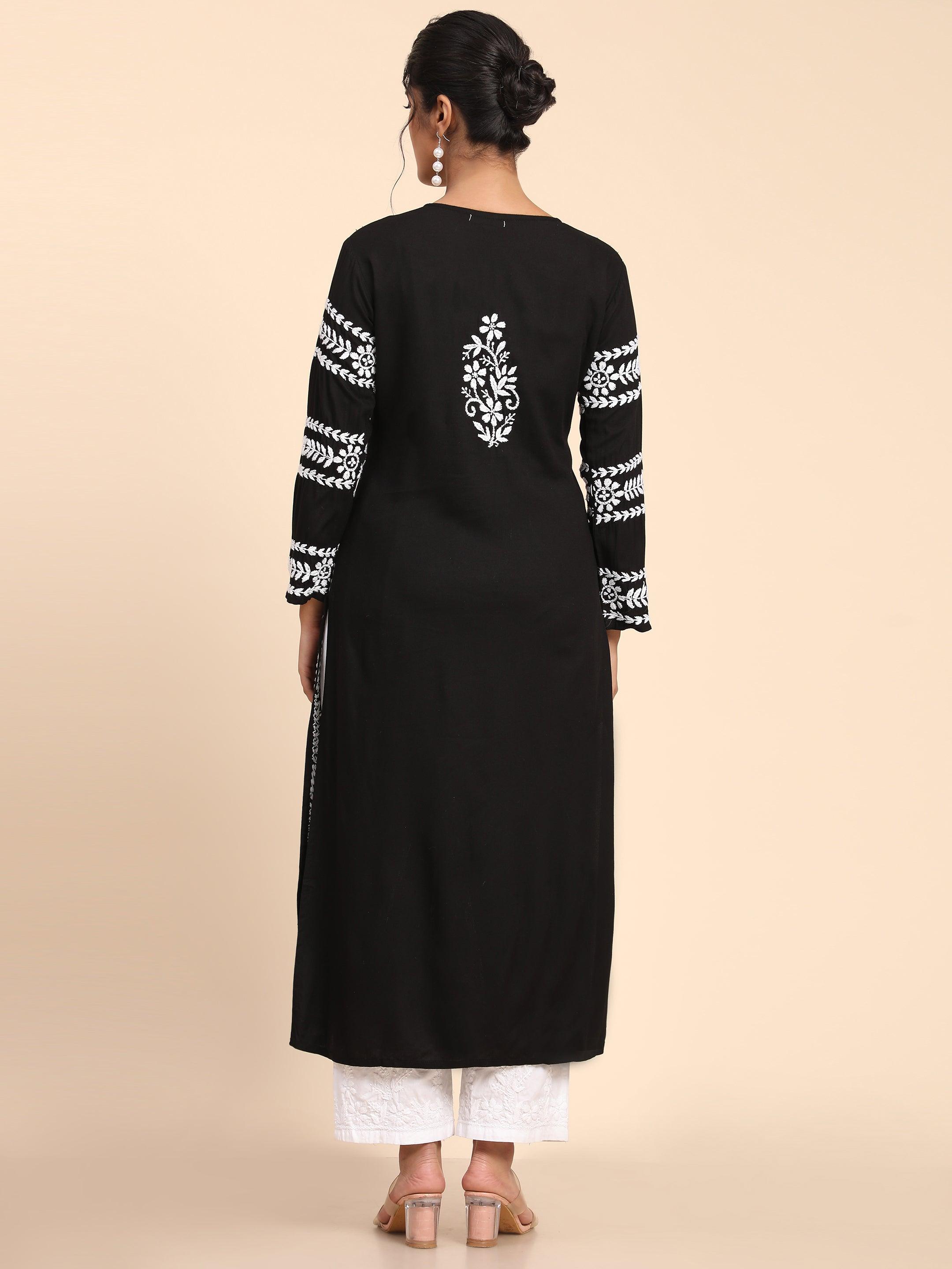 Shreya Jaiswal in HOK chikankari Long Kurta in Rayon Cotton for Women- Black - House Of Kari (Chikankari Clothing)