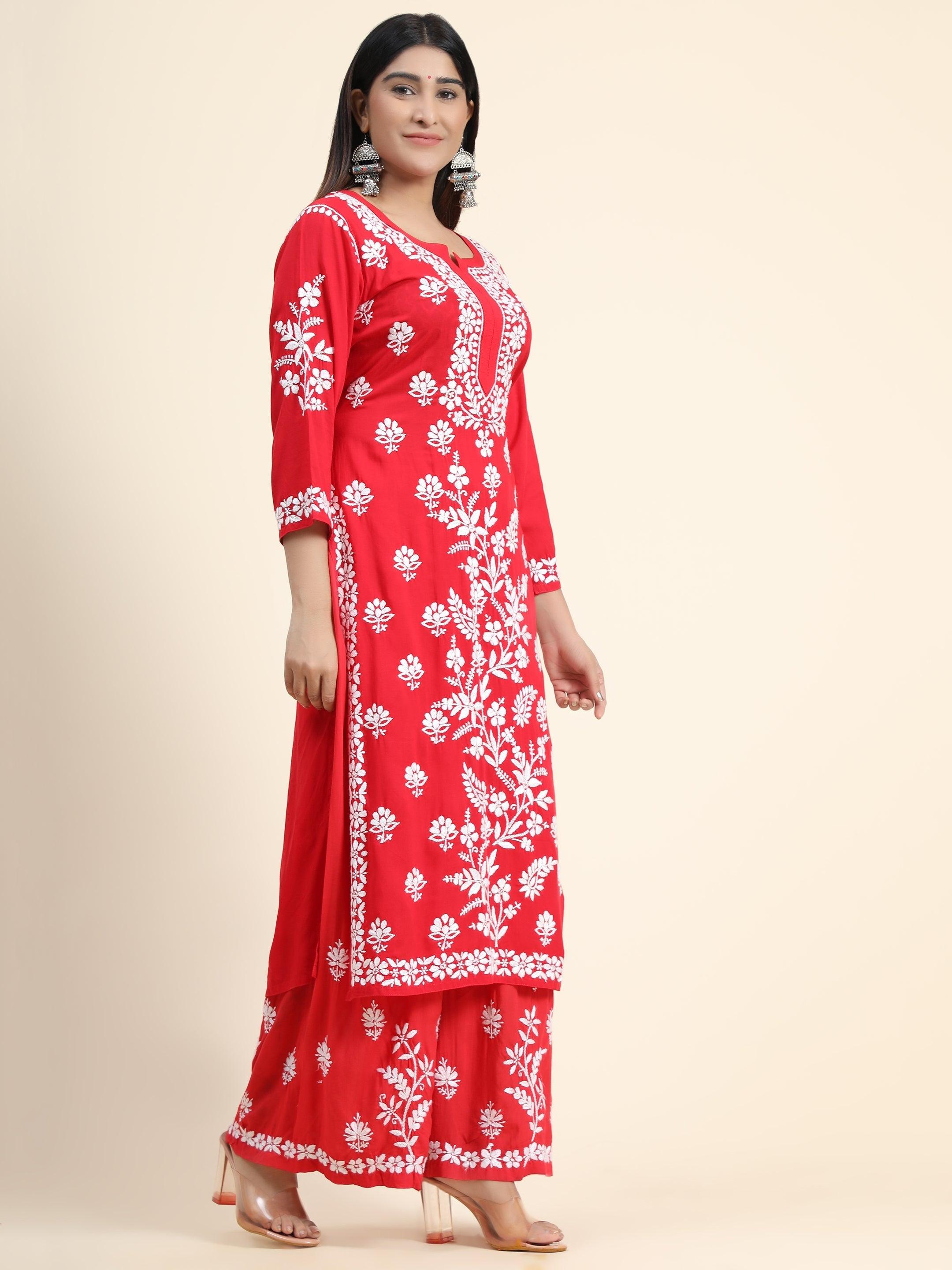 Samma Premium Hand Embroidery Chikankari Co-Ord Set in Modal Cotton - Red - House Of Kari (Chikankari Clothing)