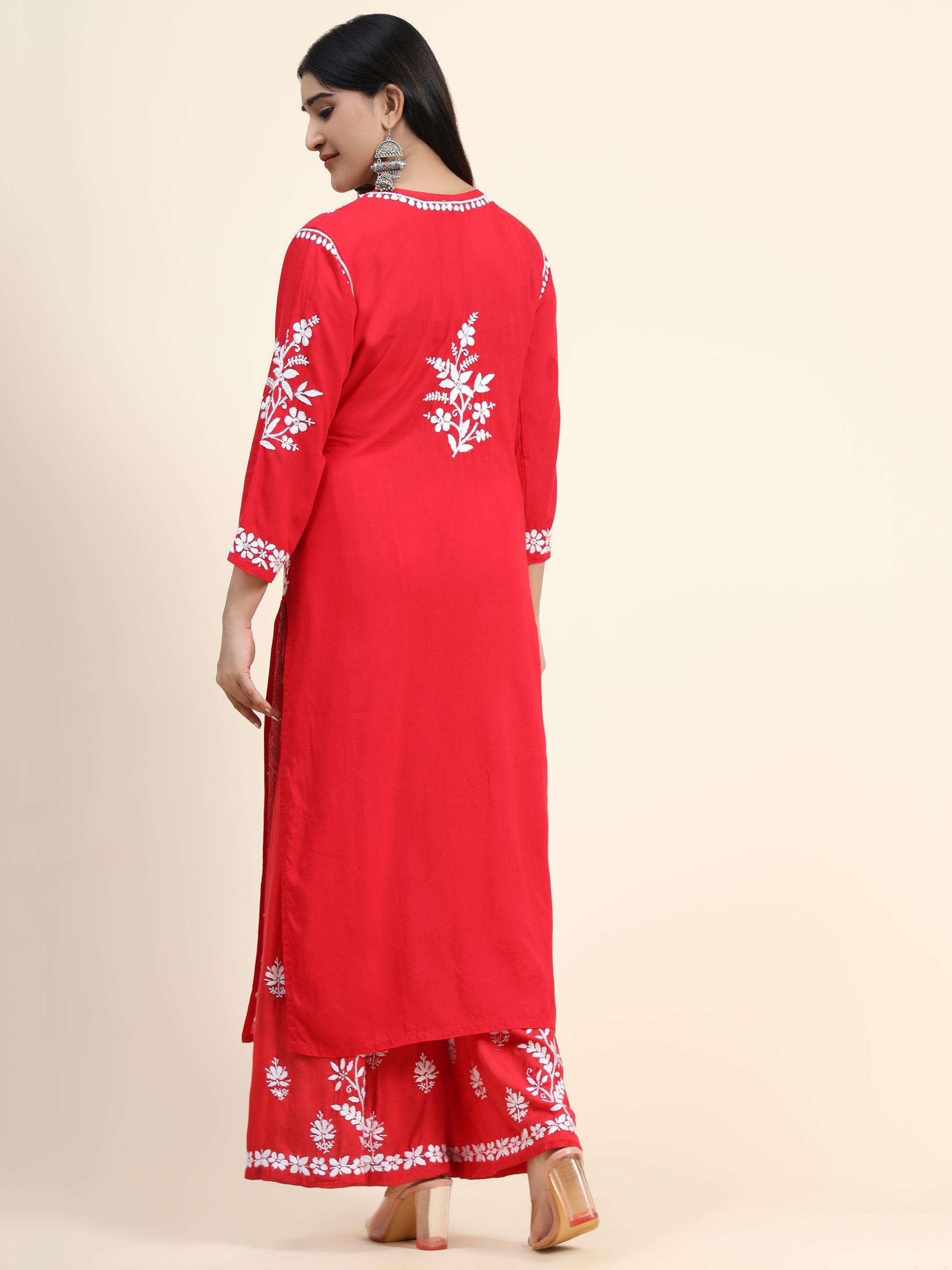 Samma Premium Hand Embroidery Chikankari Co-Ord Set in Modal Cotton - Red - House Of Kari (Chikankari Clothing)