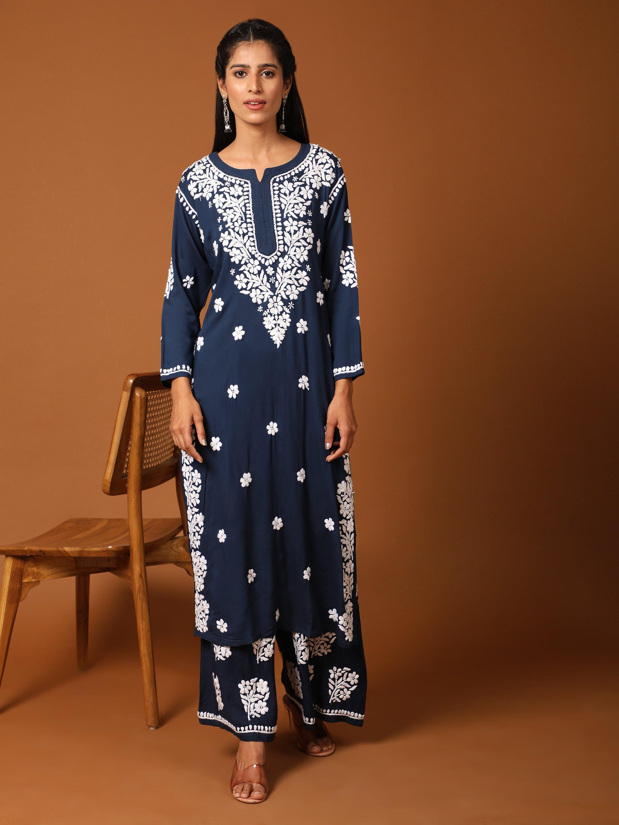 Samma Chikankari CO-ORD Set In Modal Cotton for Women In Blue - House Of Kari (Chikankari Clothing)