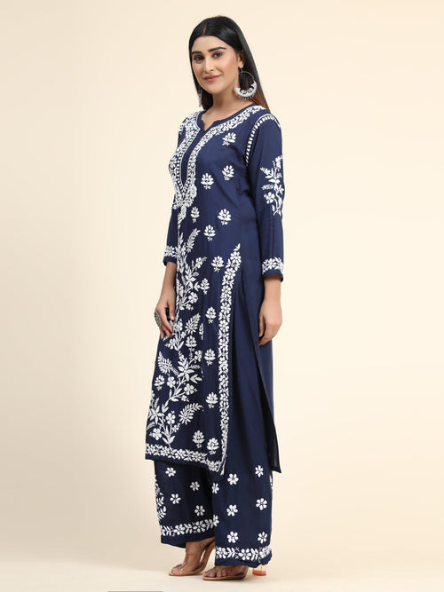 Samma Premium Hand Embroidery Chikankari Co-Ord Set in Modal Cotton Blue - House Of Kari (Chikankari Clothing)
