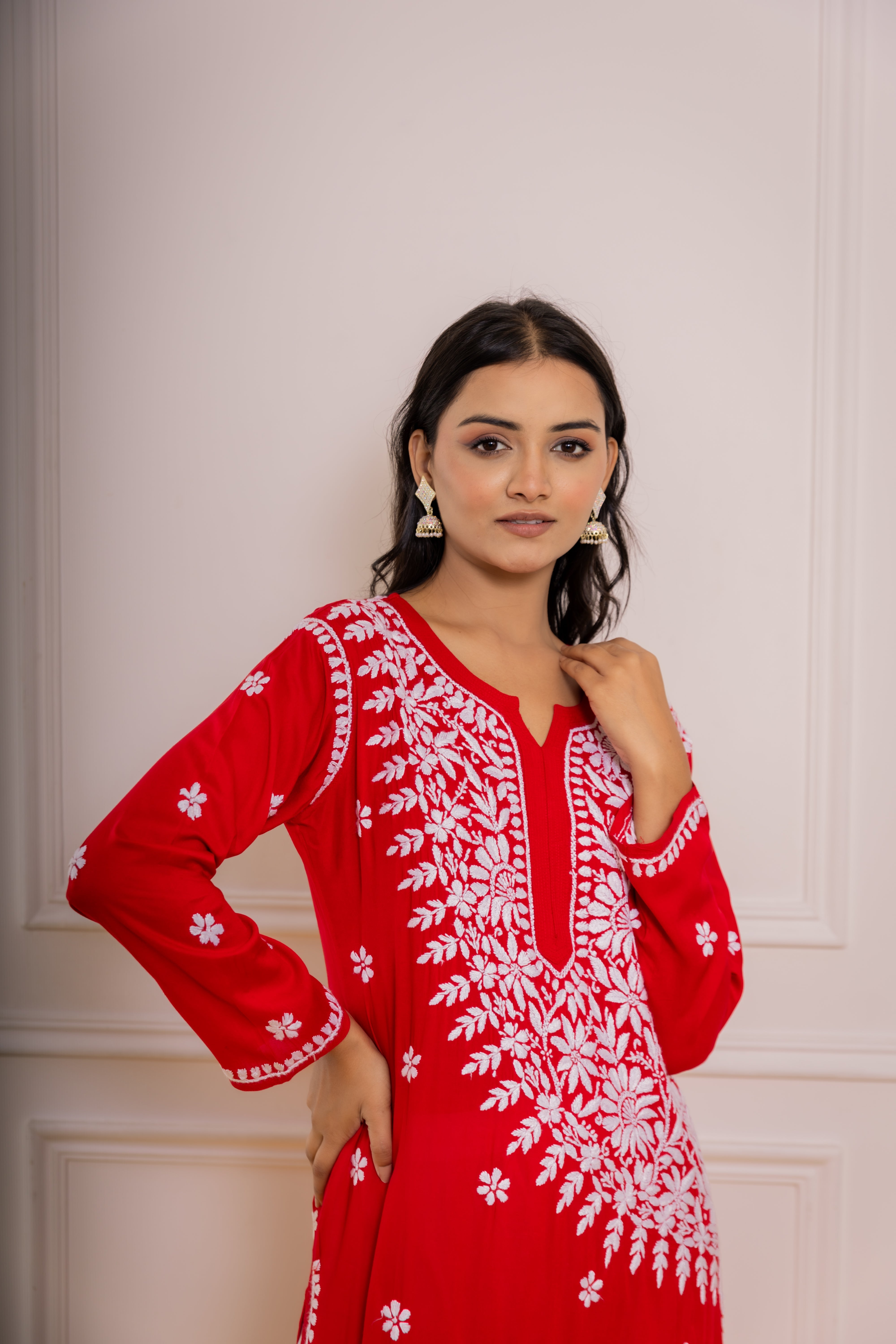 Aanchal Hans in Red Fizaa Chikankari Modal Cotton Kurta