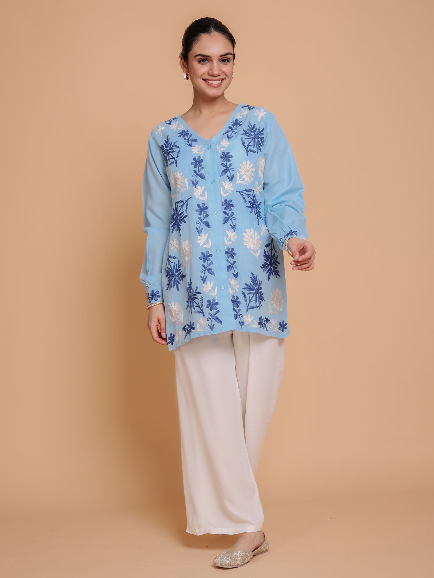 Falak Kashmiri Shirt Style - Sky Blue
