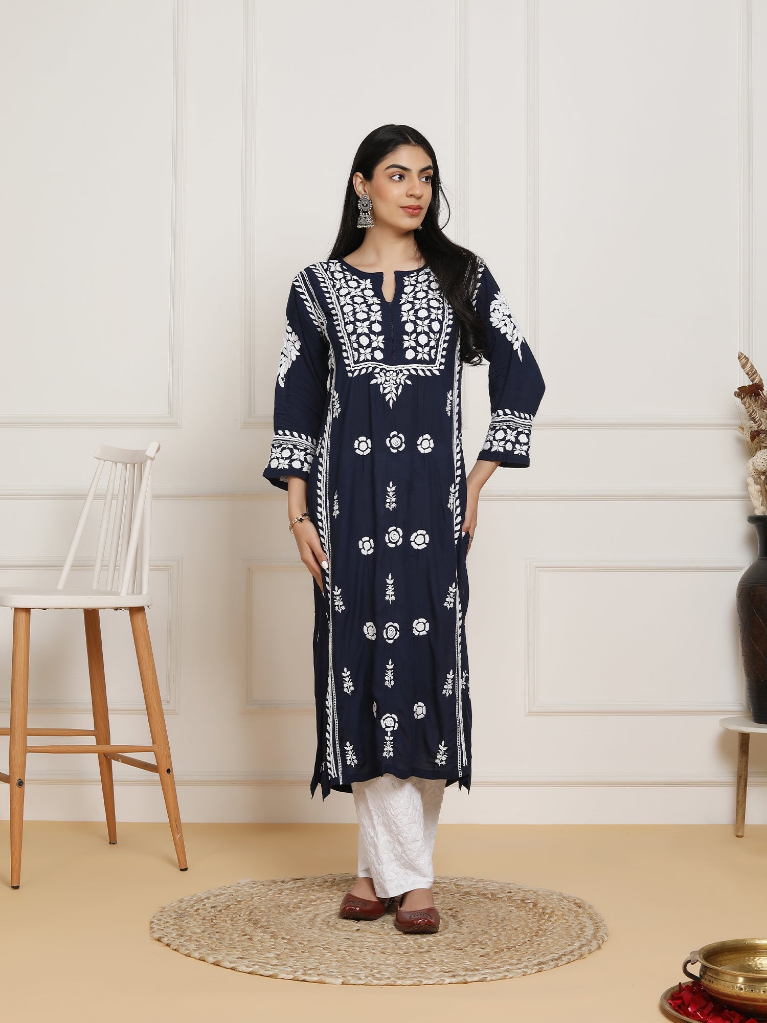 Saba Chikankari kurta in modal cotton - Navy Blue