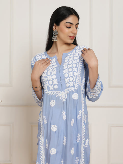 Saba Chikankari  kurta in modal cotton - Sky Blue