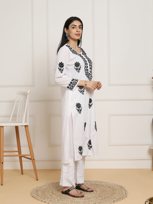 Fizaa's Chikankari Set in Mul cotton Kurta  for Women - White with Black