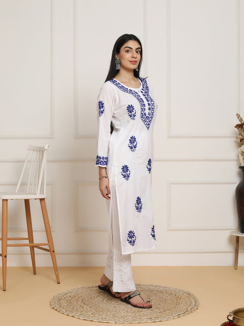 Fizaa's Chikankari set in Mul cotton Kurta for Women - White with Sky Blue