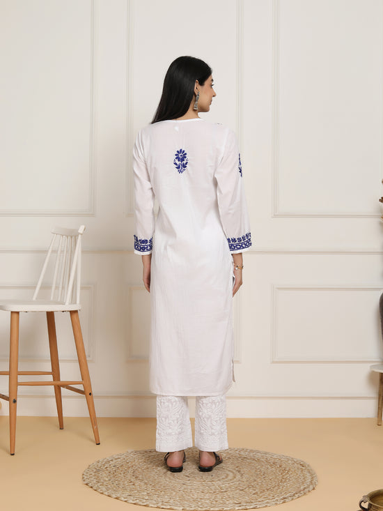 Saba Chikankari set in Mul cotton Kurta for Women - White with Sky Blue