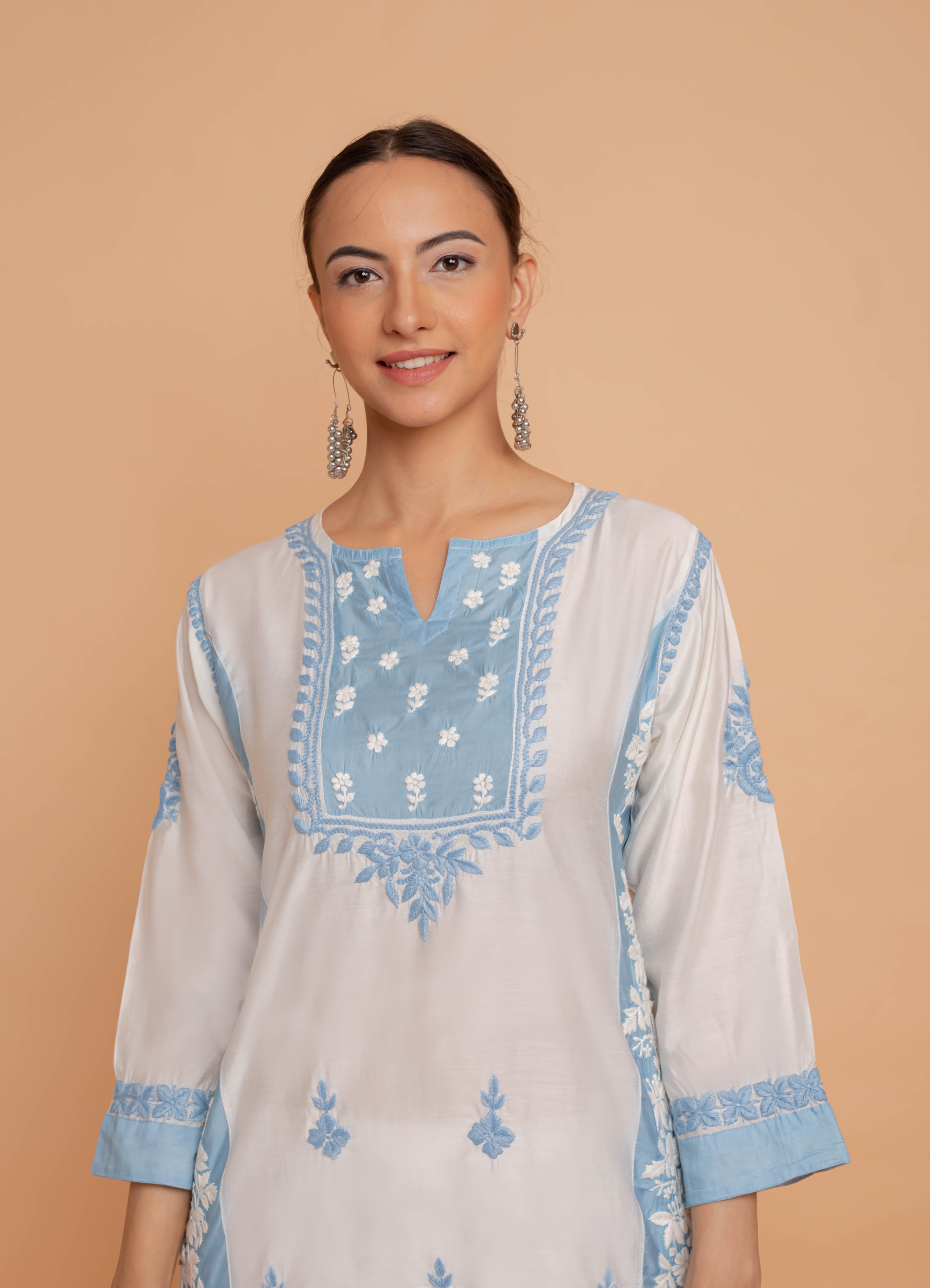 Saba Chikankari kurta in Chanderi Silk - White With Blue