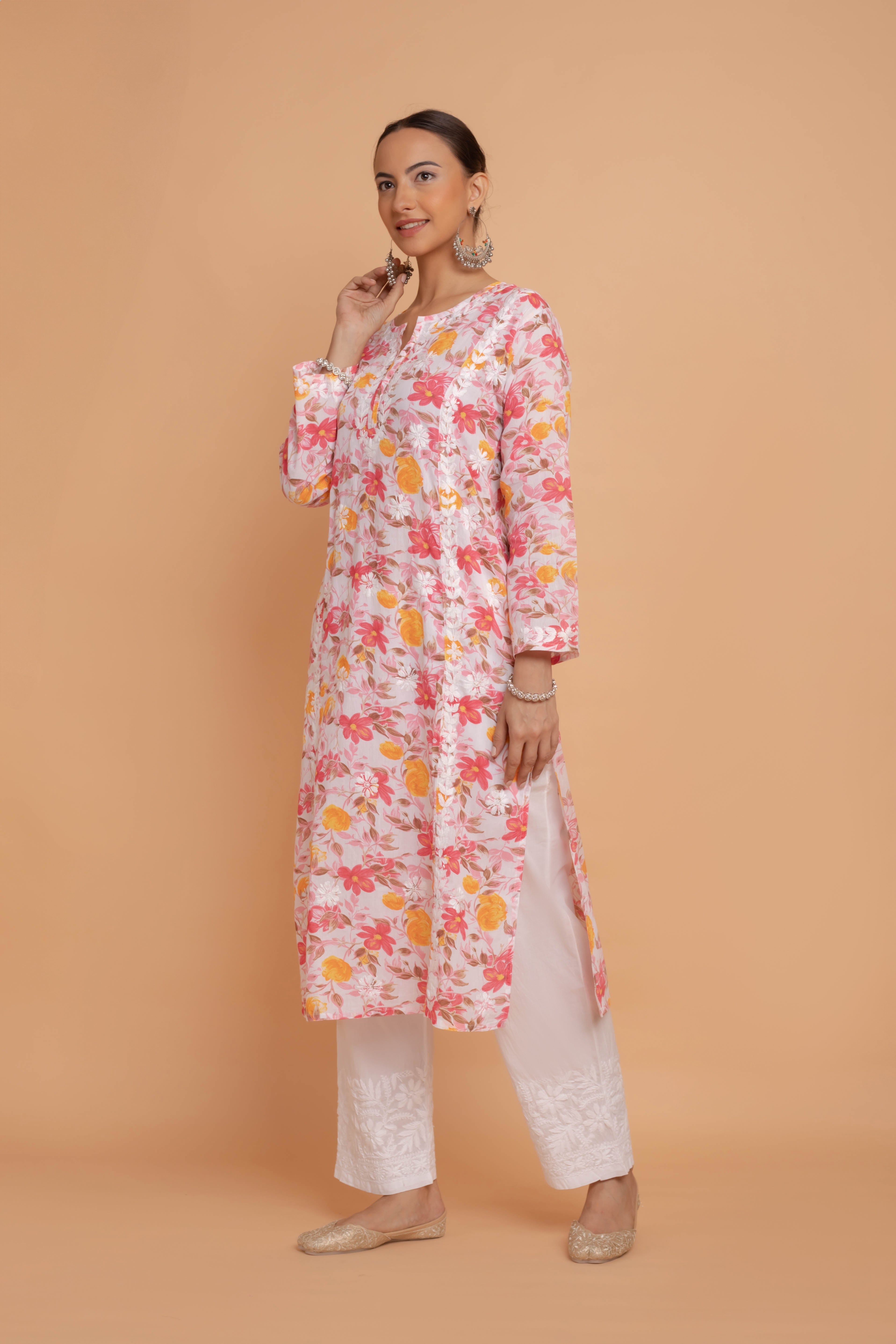 Saba Chikankari Kurta in Mul cotton in Pink Floral