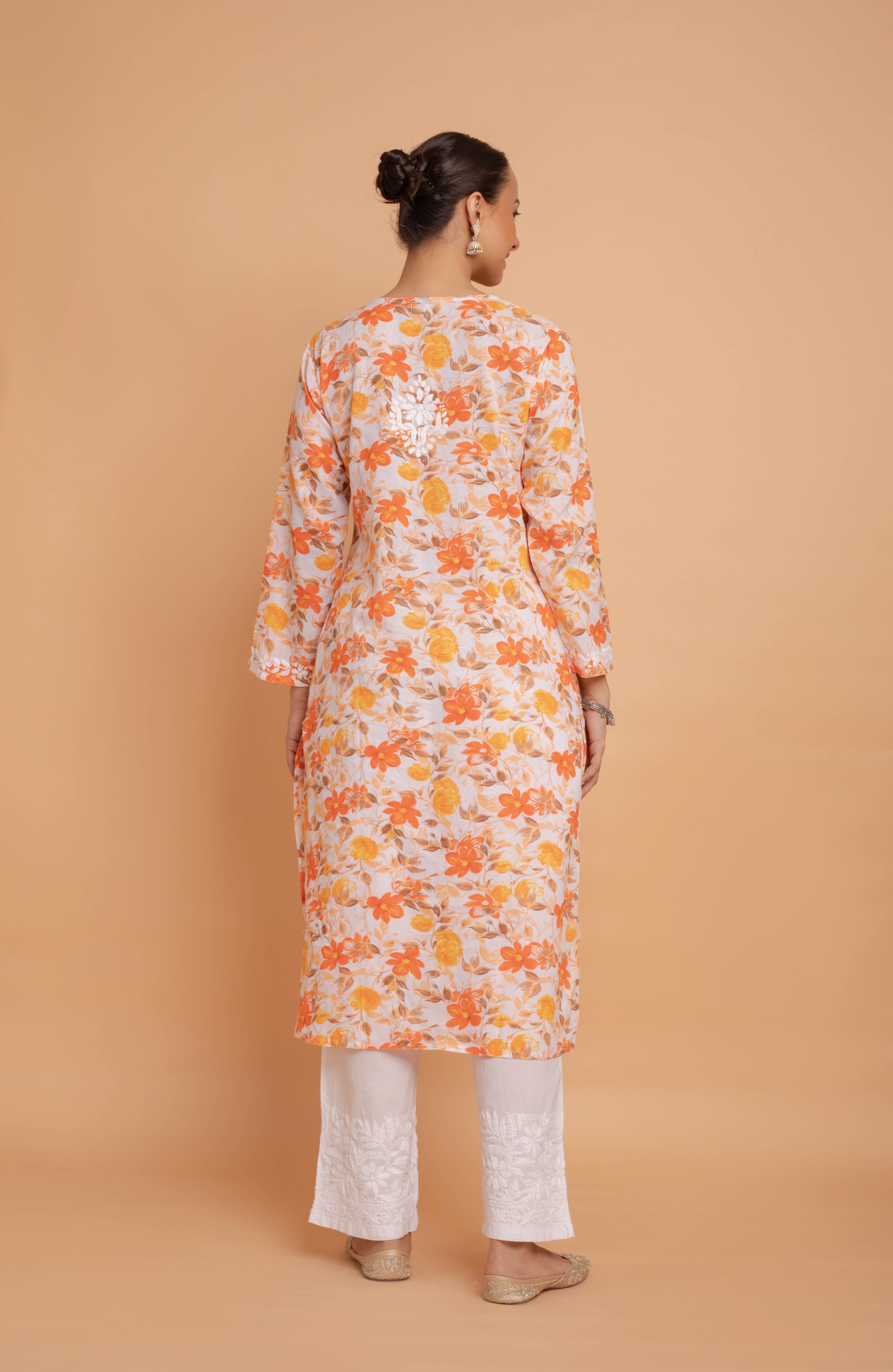 Saba Chikankari Kurta in Mul cotton in Orange Floral