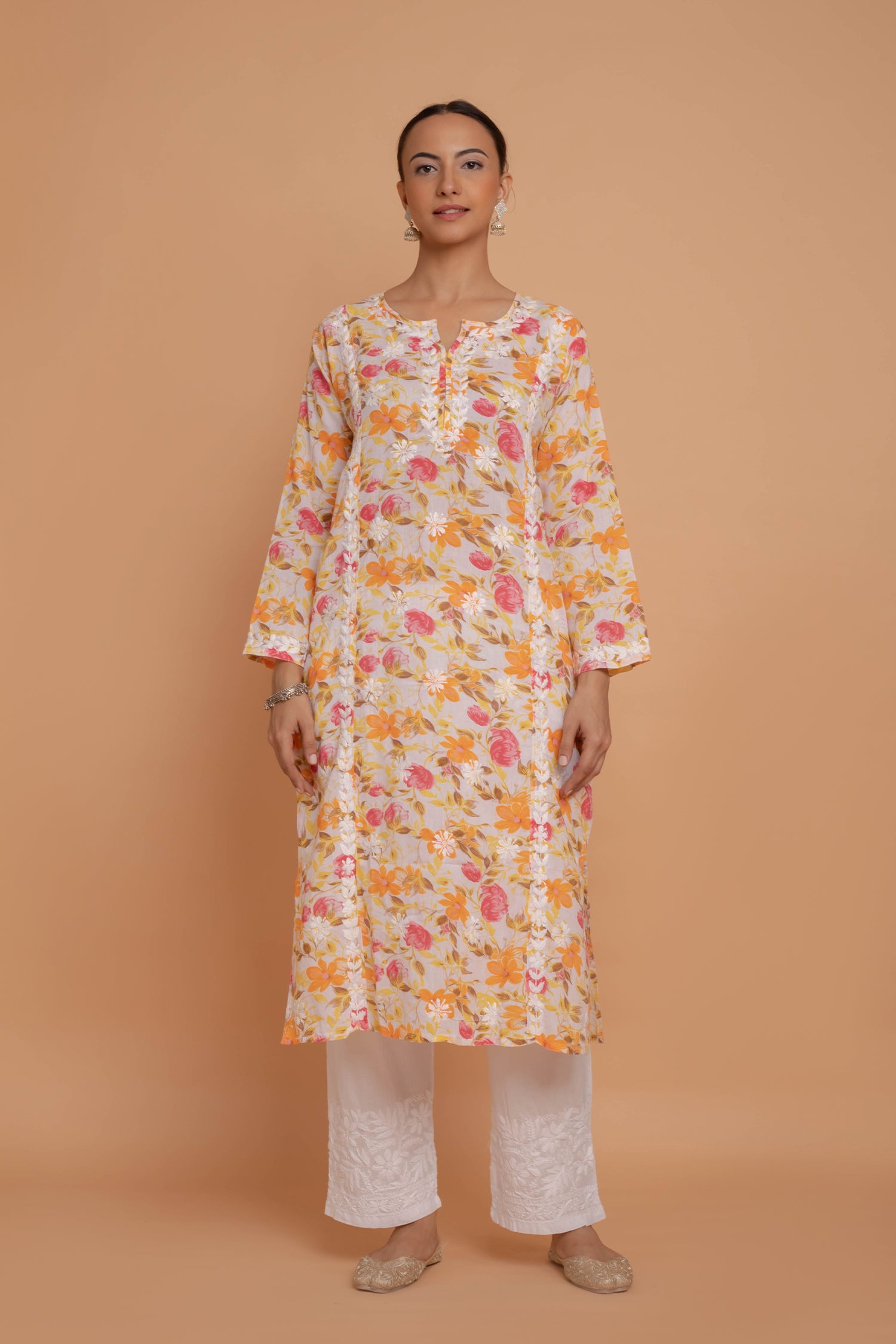 Saba Chikankari Kurta in Mul cotton in Yellow Floral